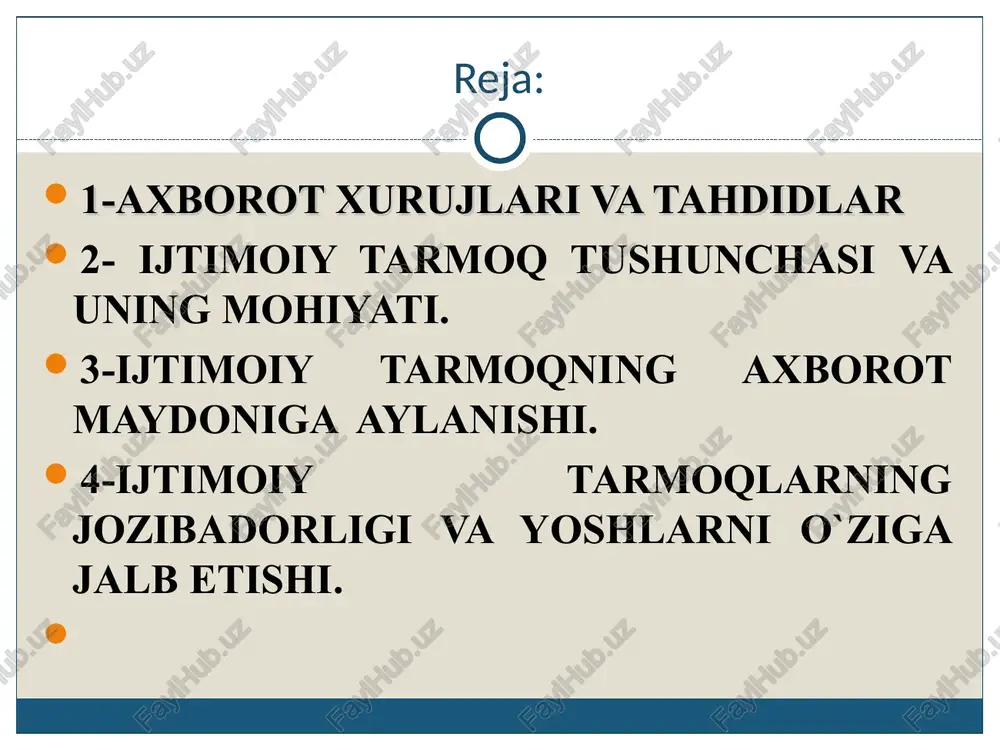 deyilganida muayyan kuchlarning o‘z siyosiy maqsad va muddaolarini amalga oshirish yo‘lida eng avvalo mafkuraviy omillar, shuningdek, moddiy va ma’naviy ta’sir o‘tkazish orqali kishilar ongi, qalbiga yot g‘oyalarni singdirishni, ularning hissiyotlari, e’tiqodi, tuyg‘ulariga ta’sir etishni, turmush tarzi, mentalitetidagi o‘zgarishlarni amalga oshirishni ko‘zlovchi hatti-harakatlar majmuasi tushuniladi. davlatning o‘z jamiyati xavfsizligini ta’minlashi vazifasi nuqtai nazaridan olganda, axborot hurujlari axborot xavfsizligini buzish xavfini solgan sharoit va ijtimoiy omillar yig‘indisidir ijtimoiy tarmoqlardagi axborot hurujlari va tahdidlar bugun axborot hurujlari orqali o‘z g‘oyalarini singdirish va jamiyat a’zolarini, ayniqsa, yoshlarni o‘z izmiga solish ko‘p kuzatilayotgan holat bo‘lib qolmoqda. axborot hurujlari bugungi kunda globallashuv jarayoniga qo‘shilgan har bir davlat va jamiyat uchun potensial yoki real darajada xavf tug‘diradi. chunki axborot orqali o‘sha mamlakat yoshlari ongini manipulyatsiya qilish, o‘zlarining g‘arazli maqsadlariga shu yo‘l bilan erishmoqchi bo‘layotgan kuchlar mavjudligi sir emas. ijtimoiy tarmoqlardagi axborot hurujlari va tahdidlar axborot hurujlarini bugungi kunda davlatlar (jumladan chet el davlatlari), turli ijtimoiy, iqtisodiy, siyosiy …