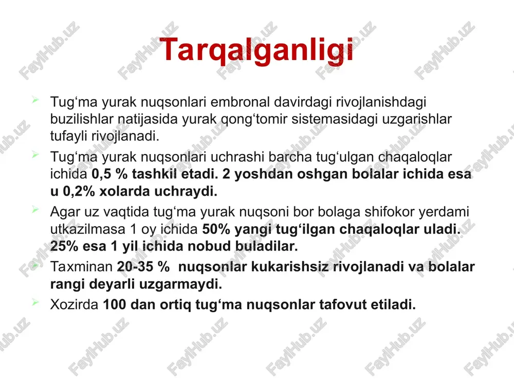 iya markazida yurak xirurgiyasi bulimi tashkil qilingan va unga darvin sadikovich gulyamov raxbarlik qilgan. bulim 2 qisimdan – tug‘ma va ortirilgan yurak nuqsonlari qisimlardan iborat bulgan. o‘zbekistonda yurak xiruriyasiga fundament shu tariqa tashkil topgan. yurak tug‘ma nuksonlari 3 xil guruxi farklana birinchi gurux — yurak ichidagi arterial konni venoz okimiga okishi bilan kuzatiladigan tugma nuksonlar (chapdan o‘nga, birlamchi-ok nuksonlar) — bo‘lmachalar aro tusik nuksoni, korinchalar aro tusik nuksoni, ochik arterial yo‘l, aorta-o‘pka okmasi, bo‘lmachalar aro devor nuksoni mitral stenozi bilan. ikkinchi gurux — yurak ichidagi venoz konni arterial kon okimiga okishi bilan kuzatiladigan nuksonlar (o‘ngdan chapga, birlamchi-ko‘k). bu guruxga — fallo uchligi, tetradasi va pentadasi, uchtabakali kopkokni atreziyasi, magistral tomirlarni transpozitsiyasi kiradi uchinchi gurux — yurak magistral arteriyalarining torayishi bilan kuzatiladigan to‘gma nuksonlar: o‘pka arteriyasining stenozi, aorta stenozi, aorta koarktatsiyasi. tugma nuksonlar fallo tetradasi kukrak bukriligi maxsus tekshiruv usullar exokardiografiya rentgenografiya kt mrt yurak kameralarini zondlash angiokardiografiya tekshirish usullari kardioangiografiya …