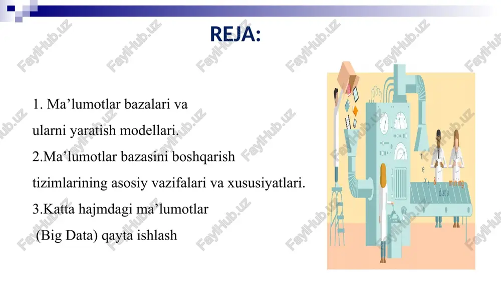 rov 1956 o`qituvchi 12 ft 1 bog‘lanish ma’lumotlar bazasining asosiy qismi hisoblanadi. chunki biz bazada jadvallar bilan ishlaymiz va bu ishlash davomida jadvallarni bir biriga bog‘laymiz. agar noto‘g‘ri bog‘lasak ma’lumotlar bazamiz xunuk va noto‘g‘ri shaklga kelishi mumkin. ma’lumotlar bazasining ixchamligi ham aynan shu bog‘lanishga bog‘liq hisoblanadi. bog‘lanishning 4 ta turi mavjud va bular quyidagi lar hisoblanadi: * zamonaviy mbbt quyidagi vazifalarni bajaradi mbbt imkoniyatlari katta hajmdagi ma’lumotlar bilan ishlash qulayligi ma’lumotlarni tezlikda izlash va sortirovka qilish ma’lumotlarning turli ko‘rinishlarda berish ma’lumotlarga o‘zgartirishlar kiritish, yozuvlarni qo‘shish, o‘chirish, ma’lumotlar bazasining tuzilishini o‘zgartirish boshqa mblar bilan ma’lumot almashinish chop qilish turli xil hisobot hujjatlarining tayyor shakllarini olish mb dasturiy tizimlari ma’lumotlar bazalari va katta hajmdagi ma’lumotlar bilan ishlash texnologiyalari ms access oynasi ma’lumotlar bazalari va katta hajmdagi ma’lumotlar bilan ishlash texnologiyalari my sql oynasi ma’lumotlar bazalari va katta hajmdagi ma’lumotlar bilan ishlash texnologiyalari fire bird oynasi sql server oynasi tablitsi (jadval) — mb …