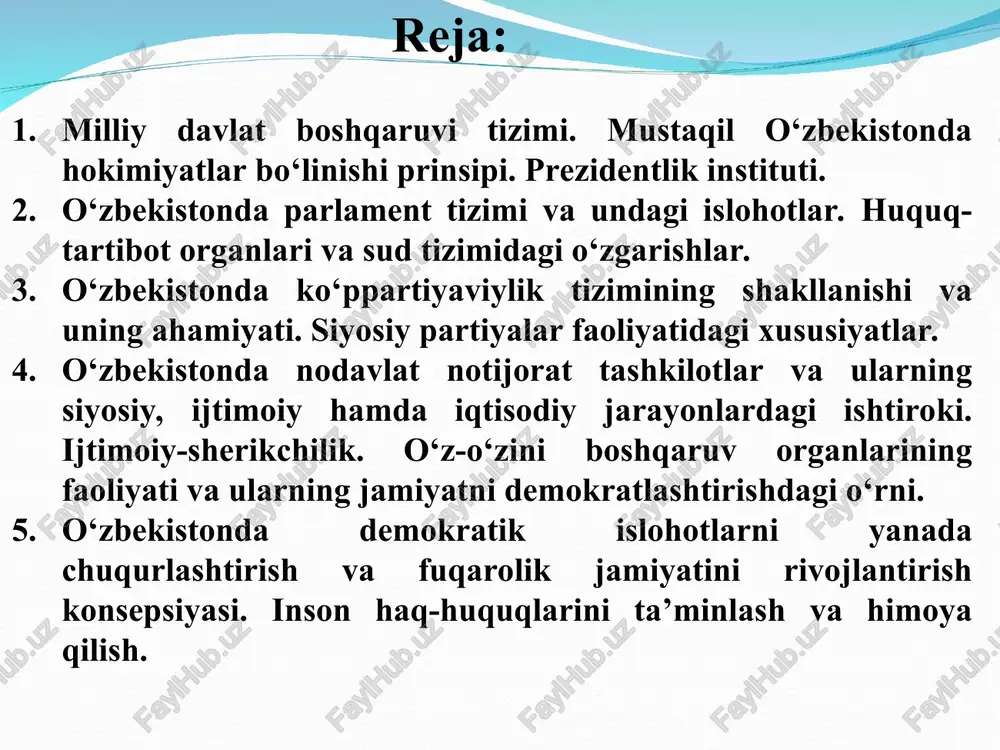 mi mavjud. * prezidentlik hokimiyati “prezident” so‘zi “oldinda o‘tiruvchi” degan manoni bildiradi 1990-yil 24-mart kuni o‘zbekistonda prezidentlik hokimyati joriy etiladi. 1990-yil 24-mart kuni islom karimov oliy kengashining birinchi sessiyasida xalq deputatlari tomonidan yashirin ovoz berish yo‘li bilan saylandi. 1991-yil 18-noyabr «o‘zbekiston respublikasi prezidenti saylovi to’g’risida»gi qonun qabul qilingan. 1991-yil 29-dekabrda o‘zbekistonda ilk bor umumxalq prezidentlik saylovlari bo‘lib o’tadi. 2002-yil o’zbekistonda prezidentlik vakolati muddati 5 yildan 7 yilga uzaytirildi. 2011-yil 12-dekabrda prezidentlik vakolati muddati 7 yildan 5 yilga qisqartirildi. 2023-yil 1-mayda kuchga kirgan yangi tahrirdagi konstitutsiyaga ko‘ra prezidentlik vakolat muddati 5 yildan 7 yilga uzaytirildi. * 2003-yil 24-apreldan o‘zbekiston respublikasi konstitutsiyasi 89-moddasining “o‘zbekiston respublikasi prezidenti ayni vaqtda vazirlar mahkamasinig raisi hisoblanadi” degan ikkinchi xatboshi olib tashlandi. 2007-yil 11-apreldan esa o‘zbekiston respublikasi konstitutsiyasi 89-moddasining “ijro etuvchi hokimiyat boshlig‘idir” degan normasi olib tashlanib, prezidentning davlat hokimiyati organlarining kelishilgan holda faoliyat yuritishini hamda hamkorligini ta’minlashi belgilandi. * o‘zbekistonda davlat boshqaruv tizimi qonun chiqaruvchi hokimiyat …