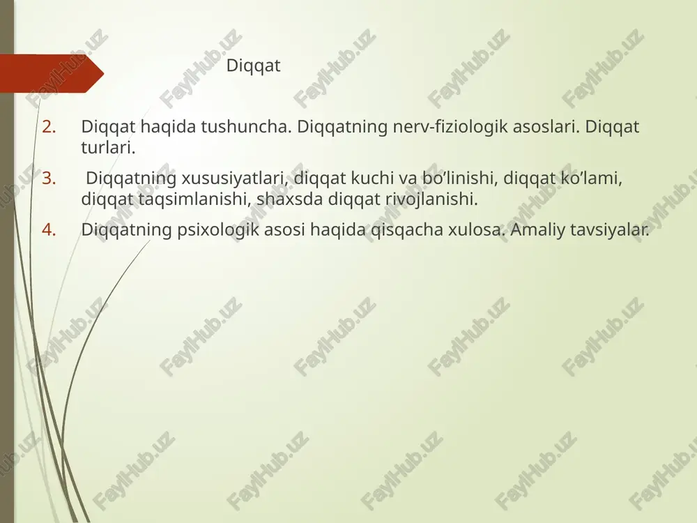 lik davridagi diqqat ixtiyorsiz bo’ladi. ixtiyoriy diqqat deb ongimizni anik maqsad asosida va irodaviy kuch yordamida keraqli ob’ektga yunaltirishiga aytiladi. maktab yoshidagi kichik bolalar diqqatining asosiy xususiyati ix­tiyoriy diqqatning o’sib borishidir. ixtiyoriydan keyingi diqqat ixtiyoriy diqqat kabi maqsadga qartilgan bo`lib, lekin doimiy irodaviy zo`r berishni talab qilmaydi. diqqat bir necha xususiyatga ega bo`ladi: diqqatning ko`lami. diqqatning kuchi va barqarorligi. diqqatning bo`linishi. diqqatning ko`chishi. diqqatning tebranishi. parishonlik. diqqatning barqarorligi deganda biror faoliyat ustida uzoqroq vaqt ushlanib turishligini tushinamiz. diqqat tebranish xususiyatiga ham egadir. agar juda kuchsiz, zo`rga eshitiladigan ovozga qulok soladigan bo`lsak masalan, soatning chikqillashiga qulok solsak, diqqatimiz jiddiy qaratilgan bo`lishiga qaramay, bu ovoz goh baland, goh past eshitiladi. diqqatning bo`linishi – bunda aynan bir vaqtning o`zida diqqatimiz ikkita va undan ortik narsalarga qaratiladi.. parishonxotirlik – bu diqqatning kerak bo`lganida boshqa ob’ektga tez ko’chmasligidir. uni ikki xil ma’noda tushinish mumkin: biri kerak bo`lganida diqqatning ko’chmasligi bo`lsa, ikkinchisi, aksincha, uning bir faoliyat …