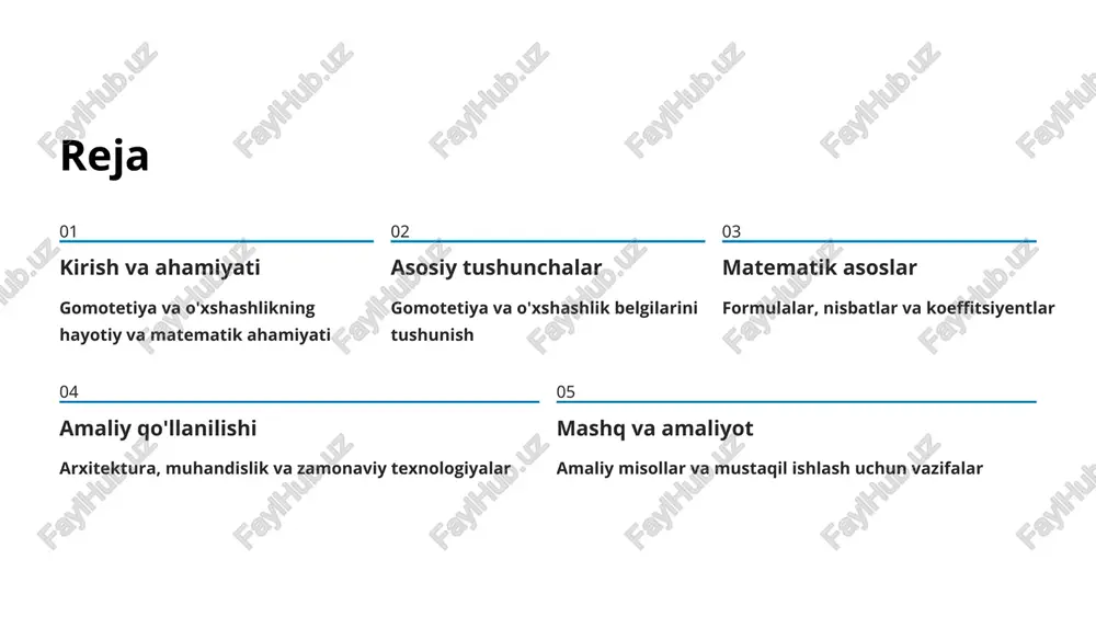 alan, a₁/a₂ = b₁/b₂ = c₁/c₂ bo'lsa, shakllar o'xshash. aralash belgi ikki tomonning nisbati va ular orasidagi burchak tengligi ham o'xshashlikni isbotlaydi. bu aralash belgi deb ataladi. o'xshashlikning matematik ifodasi asosiy formulalar o'xshashlik koeffitsiyenti k quyidagicha aniqlanadi: bu yerda a, b, c - asl shaklning tomonlari, a', b', c' - o'xshash shaklning tomonlari. yuzalar nisbati o'xshash shakllarning yuza nisbati koeffitsiyentning kvadratiga teng. hajmlar nisbati fazoviy shakllar uchun hajm nisbati koeffitsiyentning kubi. gomotetiya va o'xshashlikdagi asosiy xususiyatlar o'zgarmas xususiyatlar burchaklar o'lchovi, parallel chiziqlarning parallelligi, to'g'ri chiziqlarning to'g'riligi saqlanadi. shaklning geometrik tabiati o'zgarmaydi. nisbatlar barqarorligi tomonlar, perimetrlar va diagonal chiziqlar nisbatlari doimiy qoladi. bu xossa hisoblashlarni soddalashtiradi va amaliy qo'llanishni osonlashtiradi. o'lchamlar o'zgarishi absolyut o'lchamlar o'zgaradi, lekin nisbiy o'lchamlar saqlanadi. perimetr k marta, yuza k² marta, hajm k³ marta o'zgaradi. amaliy misol: o'xshashlikni aniqlash uchburchaklar o'xshashligini tekshirish berilgan: abc uchburchak tomonlari: ab = 6 sm, bc = 8 sm, ac = 10 …