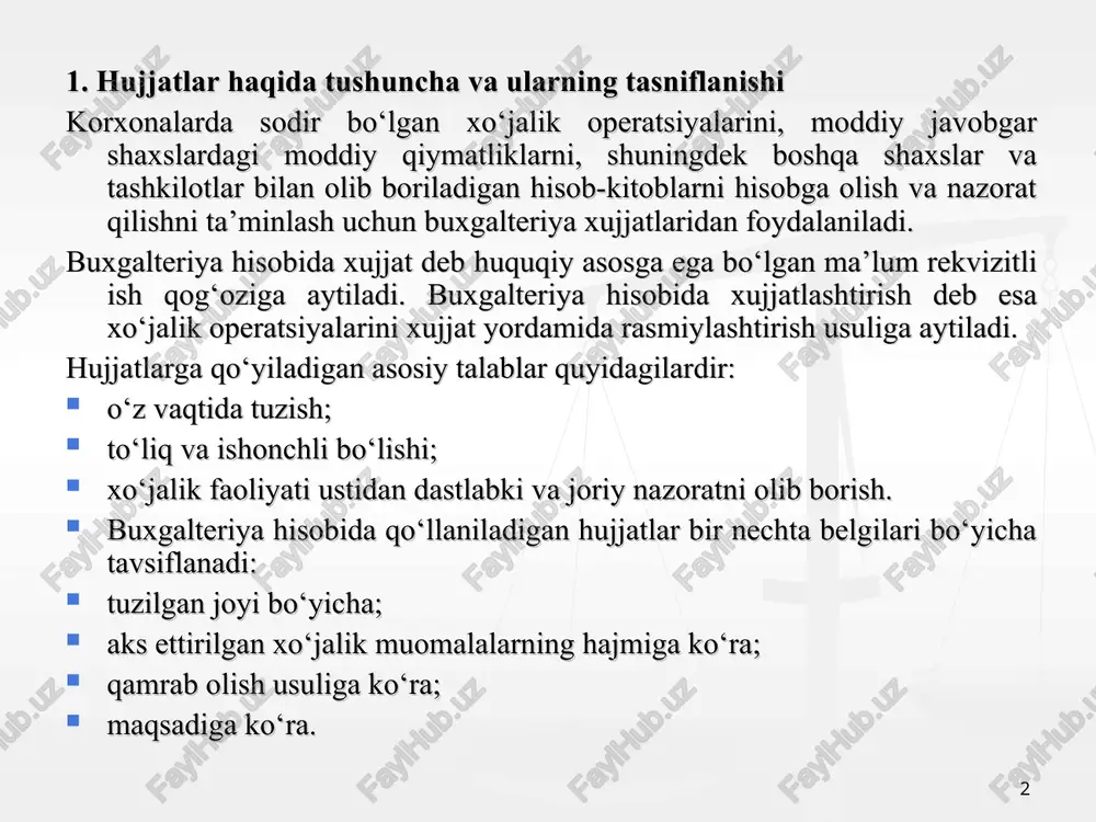 ichki hujjatlarga korxonaning o‘zida rasmiylashtirilgan va korxona doirasidan chetga chiqmaydigan hujjatlar (korxona rahbarining buyruqlari, moddiy boyliklarni ichki ko‘chirish yukxatlari va boshqalar) kiradi. aks ettirilgan xo‘jalik muomalalarining hajmiga ko‘ra hujjatlar birlamchi va yig‘ma hujjatlarga bo‘linadi. birlamchi hujjatlar — sodir etilgan paytida bitta xo‘jalik muomalasiga rasmiylashtiriladigan huj-jatlar. yig‘ma hujjatlar muayyan bir hisob ob’ektiga tegishli bo‘lgan birlamchi hujjatlar bo‘yicha tegishli guruh va tizimlarga ajratish yo‘li bilan tuziladi. qamrab olish usuliga ko‘ra hujjatlar bir martalik va jamg‘aruv hujjatlariga bo‘linadi. xo‘jalik muomalasi bir qabulda amalga oshiriladigan va mazkur muomala ana shu bilan yakunlanganida bir martalik hujjatlar tuziladi. jamg‘aruv hujjatlari ma’lum bir davr mobaynida bir hisob ob’ektiga tegishli bo‘lgan xo‘jalik muomalalariga doir hujjatlarni jamg‘arish yo‘li bilan tuziladi. * maqsadiga ko‘ra hujjatlar quyidagi turlarga bo‘li-nadi: farmoyish hujjatlari; tasdiqlovchi hujjatlar; kombinatsiyalashgan hujjatlar; buxgalteriya rasmiylashtirish hujjatlari; axborot hujjatlari. farmoyish xujjatlari biror-bir xo‘jalik muo-malasini amalga oshirish uchun buyruq yoki ko‘rsatma beradigan hujjatlardir. ushbu turdagi hujjatlarga xodimni ishga olish yoki uni …