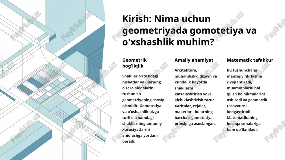 lari. yuzalar nisbati o'xshash shakllarning yuza nisbati koeffitsiyentning kvadratiga teng. hajmlar nisbati fazoviy shakllar uchun hajm nisbati koeffitsiyentning kubi. gomotetiya va o'xshashlikdagi asosiy xususiyatlar o'zgarmas xususiyatlar burchaklar o'lchovi, parallel chiziqlarning parallelligi, to'g'ri chiziqlarning to'g'riligi saqlanadi. shaklning geometrik tabiati o'zgarmaydi. nisbatlar barqarorligi tomonlar, perimetrlar va diagonal chiziqlar nisbatlari doimiy qoladi. bu xossa hisoblashlarni soddalashtiradi va amaliy qo'llanishni osonlashtiradi. o'lchamlar o'zgarishi absolyut o'lchamlar o'zgaradi, lekin nisbiy o'lchamlar saqlanadi. perimetr k marta, yuza k² marta, hajm k³ marta o'zgaradi. amaliy misol: o'xshashlikni aniqlash uchburchaklar o'xshashligini tekshirish berilgan: abc uchburchak tomonlari: ab = 6 sm, bc = 8 sm, ac = 10 sm. def uchburchak tomonlari: de = 9 sm, ef = 12 sm, df = 15 sm. yechish: mos tomonlar nisbatlarini hisoblaymiz: xulosa: barcha nisbatlar teng, demak uchburchaklar o'xshash. k = 1.5 eslatma: o'xshashlik koeffitsiyenti 1.5 ga teng, ya'ni def uchburchak abc uchburchakdan 1.5 marta katta. o'xshashlik va gomotetiya o'rtasidagi farq gomotetiya ma'lum …