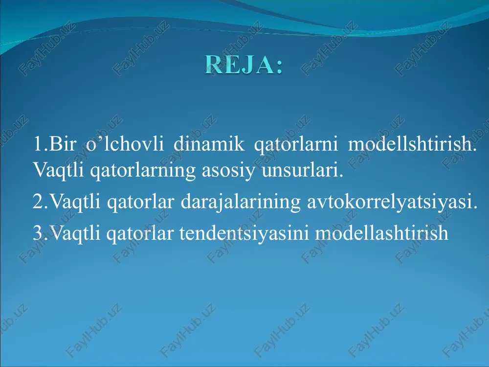 lashtirish vaqtli qatorlar tendentsiyasini modellashtirishning keng tarqalgan usullaridan biri qator darajalarini vaqtga bog’liqligini yoki trendni tavsiflovchi analitik funktsiyalarni tuzishdan iborat. bu usul vaqtli qatorlarni analitik tekslash deb ataladi. trendlarni tuzish uchun ko’proq quyidagi funktsiyalar qo’llaniladi: chiziqli trend: giperbola: eksponentsial trend: ko’rsatkichli funktsiya shaklidagi trend: ikki va undan yuqori tartibli parabola: tendentsiya turlarini aniqlashning bir qancha usullari mavjud. eng ko’p tarqalgan usullar qatoriga o’rganilayotgan jarayonni sifat jihatidan tahlil qilish, qator darajalarini vaqtga bog’liqligi grafigini qurish va uni tahlil qilish, dinamikaning ayrim asosiy ko’rsatkichlarini hisoblash usullarini kiritish mumkin. tendentsiya turlarini aniqlashda qator darajalarining avtokorrelyatsiya koeffitsientlarini qo’llash mumkin. tendentsiya turi berilgan va qayta tuzilgan qatorlar darajalari bo’yicha hisoblangan birinchi tartibli avtokorrelyatsiya koeffitsientlarini solishtirish yo’li bilan aniqlanadi. trend parametrlarini hisoblash. misol.«n»-yilning 10 oyi nominal oylik ish haqining oylar bo’yicha «n-1»-yilning dekabr oyidagi darajasiga nisbatan foiz hisobida o’sish sur’ati haqidagi ma’lumotlar 1-jadvalda berilgan. oylar nominal oylik ish haqining o’sish sur’ati oylar nominal oylik ish haqining …