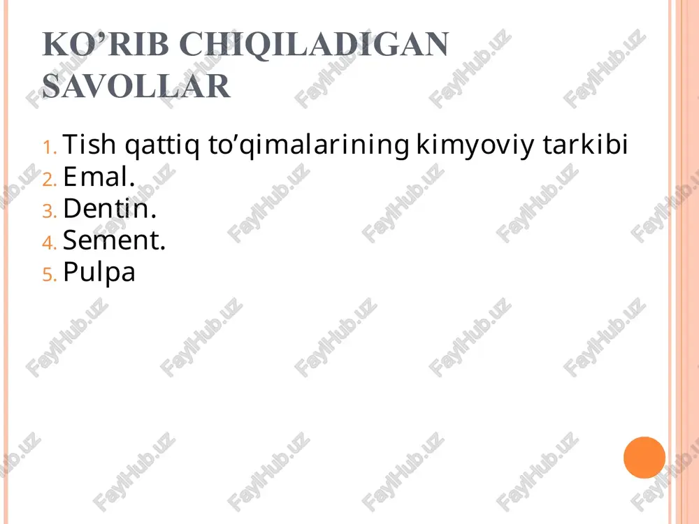 alinligi 1,5 – 1,7 mm, yon yuzalarda nisbatan yupkarok, tish buynida u yo'qolib boradi va syement bilan urin almashadi. emalning struktur birligi bo’lib emal prizmalari xisoblanadi. ularning diametri 4-6 mm. prizmalar uzunligi emal qalinligiga mos keladi. emalning organik moddasi o’ta ingichka fibrillyar tuzilmalar shaklida namoyon bo’ladi. organik tolalar emal prizmalaridagi kristallarni joylanishini belgilab beradi degan fikrlar mavjud. tish emalida aytib o’tilgan tuzilmalardan tashqari pamellalar, tutamlar, duklar uchraydi. emal duklari – emalga dentinemal birikadigan soxadan kirgan odontoblastlarning o’simtalaridir. emalning xolatini baxolashda kalsiy fosfor nisbati muxim ko’rsatkich xisoblanadi. bu ko’rsatkich doimiy emas va turli omillar ta’sirida o’zgarishi mumkin. yosh odamning sog’lom emalida bu kalsiy fosfor nisbati qari insonlarnikidan pastroq. shuningdek birgina tishning turli qismlarida xam bu ko’rsatkichlar turlicha bo’lishi mumkin. tish emalning kristallari uchun kalsiy fosfor nisbati 1,67ni tashkil etadi. ammo bu nisbat kamayishi (1,33) va ko’payishi (2,0) xam mumkin. tekshiruvlar xulosasiga ko’ra emaldagi mikroelementlar bir tekisda taqsimlangan emas. emal tashqi yuzasida …