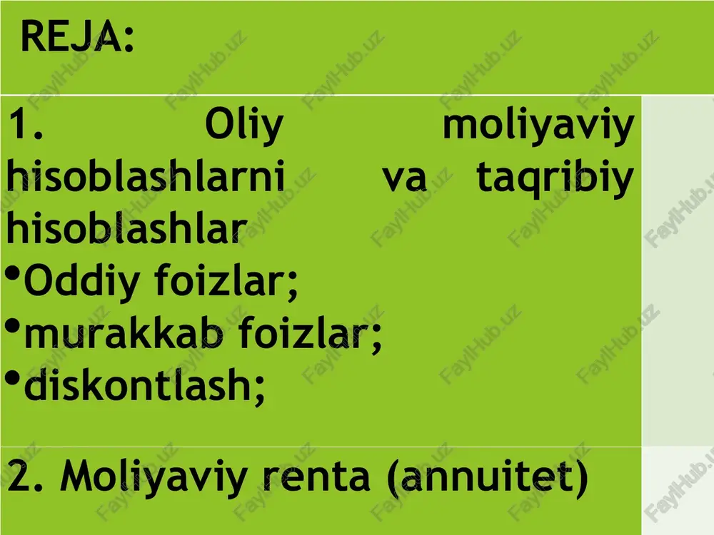 u moliyaviy renta tushunchasidir. hamma to’lov a’zolari ijobiy miqdorlardan tashkil topgan, ikki to’lov orasidagi vaqt intervali teng bo’lgan to’lovlar qatori (potogi) moliyaviy renta yoki annuitet deyiladi. renta tarkibiga kiruvchi har bir to’langan to’lov (pul) renta a’zosi, to’lovlar orasidagi vaqt - renta davri, to’lovlarni umumiy vaqti - renta muddati deb ataladi. rentalar bir qancha belgilar bo’yicha bir-biridan farq qiladi: renta a’zolari soni bo’yicha chegaralangan va chegaralanmagan rentalarga, a’zolarini miqdori - doimiy va o’zgaruvchan; muddati - yillik, yarim yillik, kvartallik, oylik va h.k. rentalarga bo’linadi. * diskontlash diskontirovanie discounting hozirgi qiymatini aniqlash operatsiyasi diskont diskont discount to'lanishi lozim bo'lgan va hozirgi qiymati o’rtasidagi farq. to‘lov terminallari soni ( ming dona) va to‘lov terminallari orqali amalga oshirilgan to‘lovlar hajmi, (trln. so‘m) yillar to‘lov terminallari soni, ming dona (f) to‘lov terminallari orqali amalga oshirilgan to‘lovlar hajmi, trln. so‘m, (x) xf (x-x) (x-x)2 (x-x)2 f 2015 100 10,3 1030 -17,56 308,51 30850,92 2016 113 11,6 …
