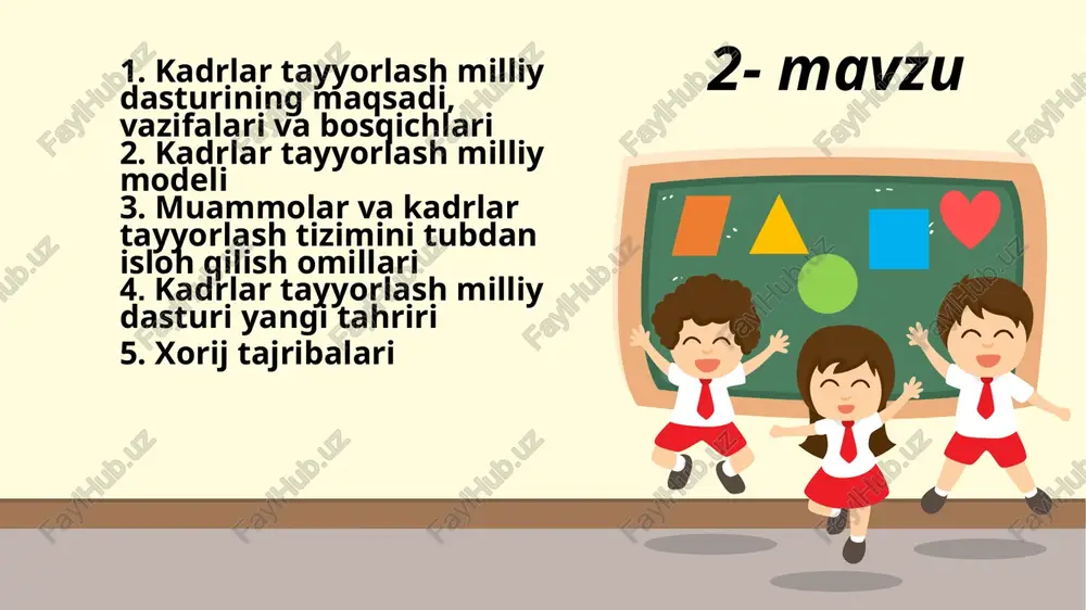 muvofiq kadrlar tayyorlash tizimini takomillashtirish va yanada rivojlantirish. dasturni ro‘yobga chiqarish bosqichlari 1. maktabgacha ta’lim rivojlantirishda mahallalar, jamoat va xayriya tashkilotlari, xalqaro fondlar faol ishtirok etishi; 2. malakali tarbiyachi va pedagoglarni tayyorlash; 3.mtda psixologik-pedagogik uslublarini izlash va joriy etish; 4.bolalarni oilada tarbiyalashni tashkiliy, psixologik, pedagogik va uslubiy jihatdan ta’minlash; 5. zamonaviy o‘quv-uslubiy qo‘llanmalar, texnik vositalar, o‘yinchoqlar va o‘yinlar yaratish hamda ularni ishlab chiqarish; 6. bolalarni xalqning boy madaniy-tarixiy merosi va qadriyatlari asosida tarbiyalash ; 7.mtmlarning har xil turlari uchun turli variantlardagi dasturlarni tanlab olish, maktabgacha tarbiyaning barcha masalalari bo‘yicha malakali konsultatsiya xizmati ko‘rsatish imkoniyatini yaratish; 8. maktabgacha tarbiya va sog‘lomlashtirish muassasalari tarmog‘ini qo‘llab-quvvatlash va rivojlantirish mexanizmini ishlab chiqish. maktabgacha ta’limda 3 bosqich yo’nalishlari: yutug’i: maktabgacha ta’lim sohasida uylarda tashkil etiladigan bolalar bog‘chalari hamda “bolalar bog‘chasi-maktab” majmui tarmog‘i rivojlanib bordi. bolalarga chet tillarni, xoreografiya, tasviriy va musiqa san’ati, kompyuter savodxonligi asoslarini o‘rgatuvchi 800 dan ortiq guruh tashkil etilgan kamchiligi: maktabgacha ta’lim …