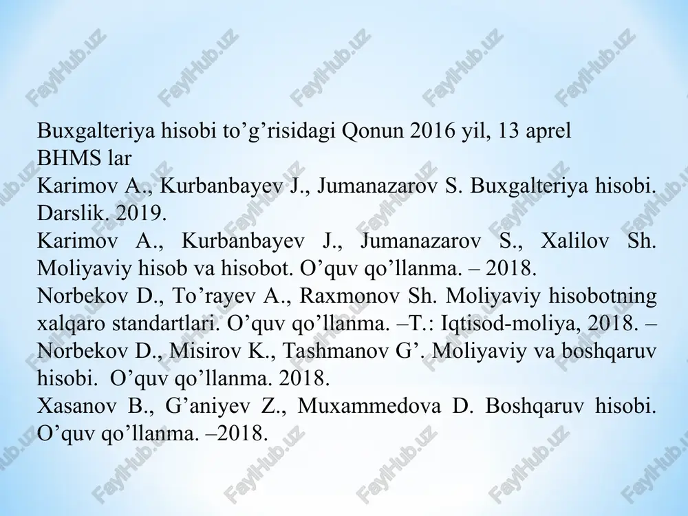 lishi olimlar tomonidan belgilangan). ya’ni, bu ilk xo’jalik jarayonlarining ro’yxatga olinishi bilan xarakterlanadi. xo’jalik jarayonlarining ro’yxatga olinishi esa yangi bir jarayonnni yuzaga keltirganki bu jarayon qiymat davriga o’tishni belgilab bergan. 2-davr. qiymat davri. (bizning eraning 500 yilidan 1300 yiliga qadar bo’lgan davrni o’z ichiga oladi) ushbu davr pulni o’ylab topilishi va muamola vositasiga aylanishi bilan belgilanadi. shu paytga qadar xo’jalik jarayonlari naturada o’lchangan bo’lsa endilikda unga parallel ravishda qiymatda ham baholashga o’tildi. qiymat ifodasini yuzaga chiqishi buxgalteriya hisobida patrimonal va kameral hisobni shakllantirdi. 3-davr. ikki yoqlama yozuv davri. (ushbu davr 1300-1850 yillarni qamrab oladi.) bu davrda xo’jalik jarayonlarining ommalashuvi, murakkablashuviga mos ravishda oddiy yozuvdan ikki yoqlama yozuvga o’tish zaruriyatining yuzaga kelishi bilan xarakterlanadi. hisob yozuvlariga katta urg’u berilganligi ham ushbu davrga xos. bu davrda buxgalteriya hisobida dastlabki schyotlar rejasi ishlatila boshlandi. 4-davr. nazariy-amaliy davr (ushbu davr 1850-1900 yillar oralig’ini egallaydi). bu davrga kelib xo’jalik jaryonlariga xuquqiy maqom shakllandi. natijada jaryonga …