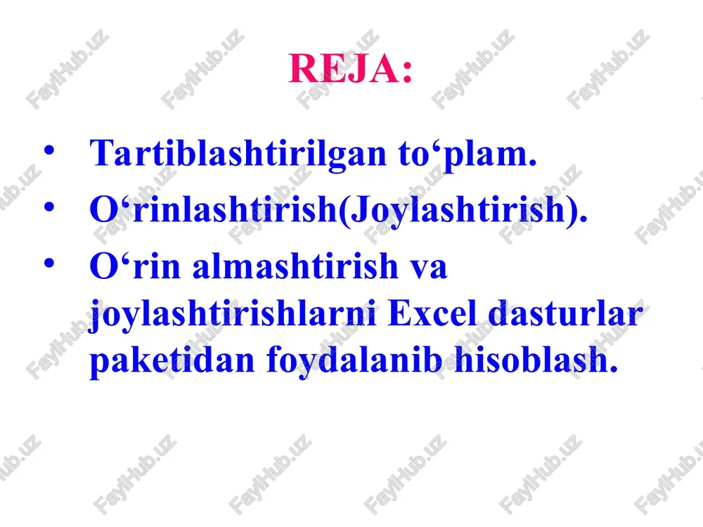 elementlar deb ataladi: elementlarni a, b , s ,... harflar bilan belgilanadi. birlashmalar 3 xil bo’l adi. o’rinlashtirish, o’rinalmashtirish va guruhlash. o’rinlashtirishlar . turli birlashmalardan tuz il adigan narsalarimizning soni 3 ta bo’lsin ; bu narsalarni a , b , s bilan belgilaymiz . ulardan quyidagi birlashmalarni tuzishimiz mumkin ; bittadan : a , b , s ; ikkitadan : ab , as , b s , b a , sa , s b ; uchtadan ab s , asb , b as , b sa , sab , sb a . bu birlashmalardan , 2 tadan tuzilgan birlashmalarni olsak , ular bir - birlaridan yo narsalari bilan yoki narsalarining tartibi bilan farq qiladi . bunday birlashmalar uch elementni 2 tadan o’rin l ashtirish deb ataladi: n elementni m tadan o’rinlashtirish deb shunday birlashmalarga aytiladi - ki, ularni har birida, berilgan m elementdan olingan n ta element bo’lib, ular bir …