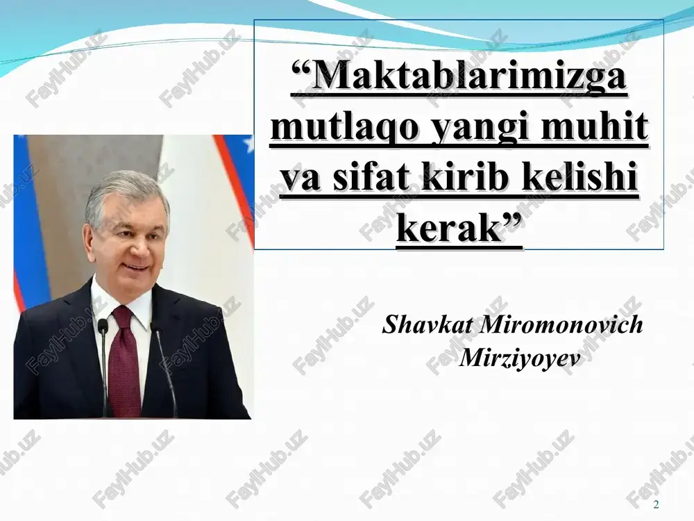 va faol mahalla yili”da amalga oshirishga oid davlat dasturi. o‘zbekiston respublikasi maktabgacha va maktab ta’limi vazirining 2023-yil 31-avgustdagi “umumiy o‘rta ta’lim muassasalarining takomillashtirilgan namunaviy odob -axloq qoidalari” to‘g‘risidagi 282-sonli, 2023-yil 20-dekabrdagi “maktabgacha va maktab ta’limi vazirligi markaziy apparati tarkibiy bo‘linmalari, hududiy maktabgacha va maktab ta’limi bo‘linmalari nizomlari hamda umumiy o‘rta ta’lim muassasalari xodimlarining lavozim yo‘riqnomalarining yangi tahririni tasdiqlash to‘g‘risida”gi 565-sonli buyruqlari. * * mavzuga oid adabiyotlar tahlili grigoriy petrov. “oq nilufarlar yurtida” . otabek hasanov, hamidulla hasanov “liderlar” (1919.19.01 toshkent – 1985.22.05 ) – geograf olim “o‘zbek magellani” deya e’tirof etiladi. abdullayev a. s (2021) xorij psixologlari tadqiqotlarida pedagogik jamoada ijtimoiy-psixologik sog’lom muhit masalasining qo’yilishi. central asian research journal for interdisciplinary studies (carjis),1 saydullayeva dilfuza zoirjonovna. toshkent davlat transport universiteti chet tillar kafedrasi assissenti “pedagogik faoliyat sharq va g‘arb mutaffakkirlarining nuqtai nazarida” 1 2 3 4 maqsad jamoada sog‘lom muhitni shakllantirish orqali rahbar va pedagoglar o‘rtasida hamkorlik munosabatlarini o‘rnatish, mehnat …