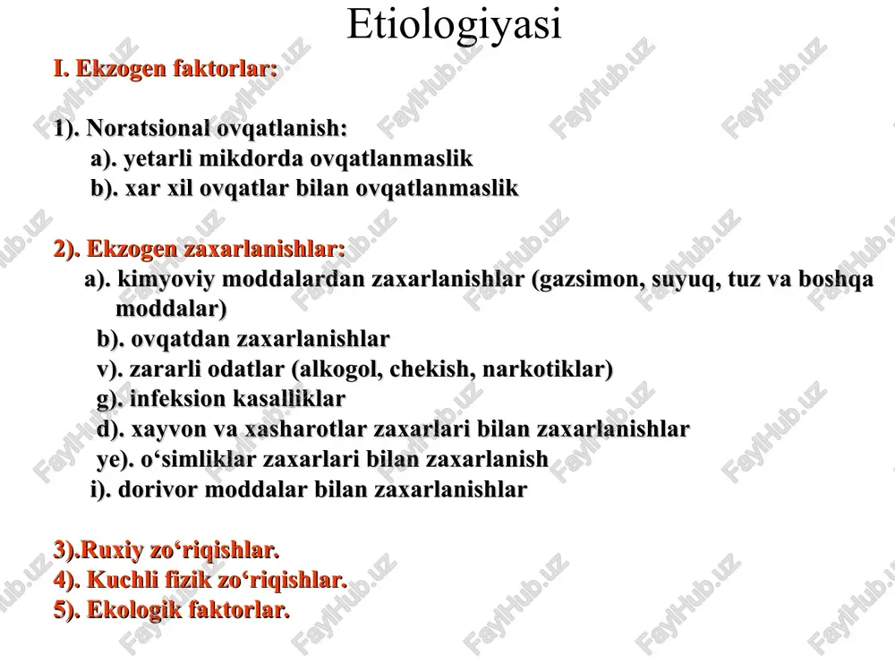 buyrak v) i – simon buyrak iv.buyrakni sturkturasini anomaliyalari: 1.buyrakni solitar kistasi a) serozli b) konli (gemorragik) v) dermoidli 2.buyrakni polikistozi 3.buyrakni multikistozi 4.buyrakni multilokulyar kistasi 5.galvirak (gubkasimon) buyrak 6.buyrakni gipoplaziyasi. b. siydik naylarini anomaliyalari: i. siydik nayini devorini (strukturasini) anomaliyasi: siydik nayini atreziyasi a) kisman b) total siydik nayini stenozi a) kisman b) total siydik nayini atoniyasi (nerv - muskul displaziyasi): a) kisman b) total piyeloureteral segmentni kopkogi (klapani) tugma ureterotsele tugma siydik pufagi - siydik nayi refluksi siydik nayini divertikuli ii. siydik nayini shaklini anomaliyasi: spiralsimon siydik nayi siydik nayini buklanishi: a) yagona, b) kup. xalkasimon siydik nayi. iii. siydik nayini sonini anomaliyasi: siydik nayini ikkilanishi, uchlanishi, to‘rtlanishi va x.k. siydik nayini ageneziyasi siydik nayini aplaziyasi iv. siydik nayini joylashgan joyini anomaliyasi: retrokoval siydik nayi retroiliokal siydik nayi siydik nayini siydik pufagiga quyilish teshigini ektopiyasi: a) vestibulyar; b) vaginal; v) bachadonga; g) to‘gri ichakga; d) uretraga; ye) oraliqqa; …