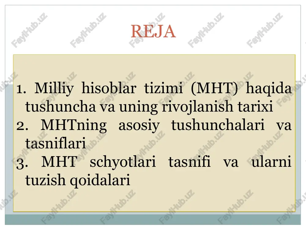 lar ishlab chiqish, kreditlar ajratishda va o’zlarini badallarini aniqlashda; mht ko’rsatkichlarini tahlil qilishning asosiy yo’nalishlari ayrim mht schyotlarini ko’rsatkichlarini tahlili; schyotlarni ko’rsatkichlari bir-biri bilan bog’langan holda va ularga qo’shimcha hisoblangan ko’rsatkichlar bilan birgalikda tahlili; iqtisodiy sektor ko’rsatkichlarini alohida tahlil qilish va iqtisodiyotning ijtimoiy-iqtisodiy rivojlanishida tutgan o’rnini oydinlashtirish; tarmoqlarning ishlab chiqarish salohiyatini tahlil qilish va tarmoqlarning tarkibiy o’zgarishlarini baholash; mhtda aks etadigan iqtisodiy jarayonlar (daromadning shakllanish, taqsimlash va ulardan foydalanish, jamg’arish) tahlili; iqtisodiy o’sish qonuniyatlari va yo’nalishlari, yaim tarkibi, iqtisodiyot tarmoqlari va sektorlarining muvozanatli rivojlanish sur’atlari bog’liqligi, iste’mol va jamg’arish, investitsiyani ichki talab va takliflar orasidagi munosabatlar, yalpi ishlab chiqarish, oraliq iste’mol va yaqq ko’rsatkichlar dinamikasi tahlili. mhtning paydo bo’lishi, taraqqiyot bosqichlari va halq xo’jaligi balansi tizimlari o’rtasidagi farqlari va o’xshashliklari. i-bosqich xvii asrning ikkinchi yarmidan 1930 yilgacha bo’lgan davr ii-bosqich xx asrni 30-yillaridan ikkinchi jahon urushi yillarigachan davr iii-bosqich xx asrni 45-yillaridan to xozirgi davrgachan milliy hisobchilik nazariyasining asoschilari. u. …