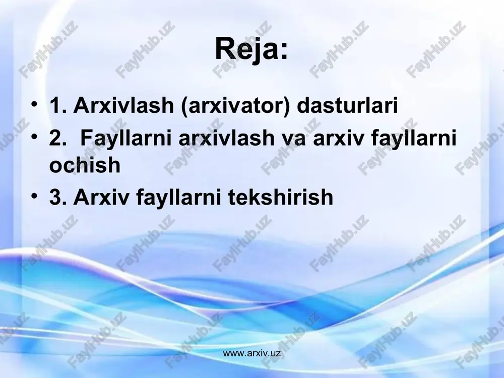 matn yozilgan fayllar 2 martagacha siqilsa, rasmlarni tasvirlovchi fayllar to'rt, hatto besh martagacha siqiladi. dasturlar ifodalangan fayllar esa juda kam—1% ga yaqin siqiladlpafiba-qilib aytganda arxivlash dasturlari fayllar hajmini 1,5-2 barobar qisqartirishga imkon beradi. www.arxiv.uz www.arxiv.uz arxivlash dasturlari qo’llaniladigan matematik usullar, arxivlash, arxivni ochish tezligi va eng asosiysi siqish samaradorligi bilan bir-biridan farq qiladi. arxivlash dasturlaridan yetarli darajada tez va yaxshi ishlaydiganlari pkzip, lharc, arj, rar dasturlaridir. win rar, pkzip, arj arxiv fayl yagona faylga birlashtirilgan bir yoki bir necha faylninj siqilgan holdagi ko'rinishi bo'lib, undan kerakli hollarda fayllarni dastlabk ko'rinishda chiqarib olish mumkin. arxiv fayli undagi fayllar nomlarin ko'rsatuvchi mundarijaga ega bo'ladi. pkzip / pkunzip va arj dasturlari arxiv fayllarining nomlari odatda quyidagi kengaytmalarga ega bo'ladi: zip - pkzip / pkunzip dasturlari arxiv fayllari uchun; arj — arj dasturi arxiv fayllari uchun. dastlab bir marta yaratilib olingandan keyin uning ustida ko`p ishlandi va natijada arxivlashning bir qancha turlari vujudga keldi. …