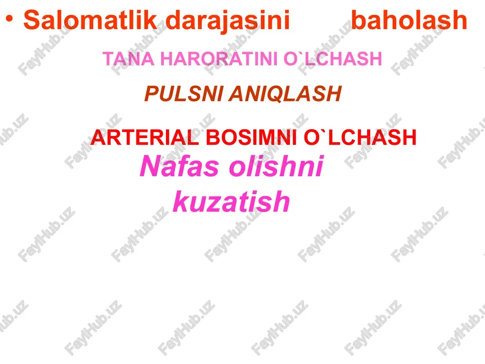va chekishdan o’zini tiyishi lozim. bundan tashqari, aniq natijani olishda siydik qopining bo’shligi ham katta ahamiyatga ega. bemorning nafas olishini unga sezdirmay sanash lozim. shu maqsadda go’yo bemorning pulsini aniqlamoqchi bo’lib, qo’li ushlanadi, ikkinchi qo’l esa bemorning ko’krak qafasiga qo’yiladi va 1 minutdagi harakatlar soni sanaladi. nafas bir sharoitda va muayyan darajada chuqur bo’lishi kerak. nafasning ko’krak, qorin va aralash tiplari bo’ladi. ko’krak tipidagi nafas olish aksari ayollarda uchraydi. nafas tiplari tashqi va ichki muhitning juda ko’p turli-tuman ta'siri natijasida yuzaga keladi va o’zgaradi. erkaklarda qorin tipida nafas olish kuzatiladi. aralash tipdagi nafas olish asosan bolalarda kuzatiladi. markaziy nerv tizimi faoliyati pasayganda nafas olish sekinlashadi. og’ir hollarda cheyn-stoks, «biot» va kusmaul turidagi patologik nafas olishlar kuzatiladi. e'tiboringiz uchun r a x m a t medical team