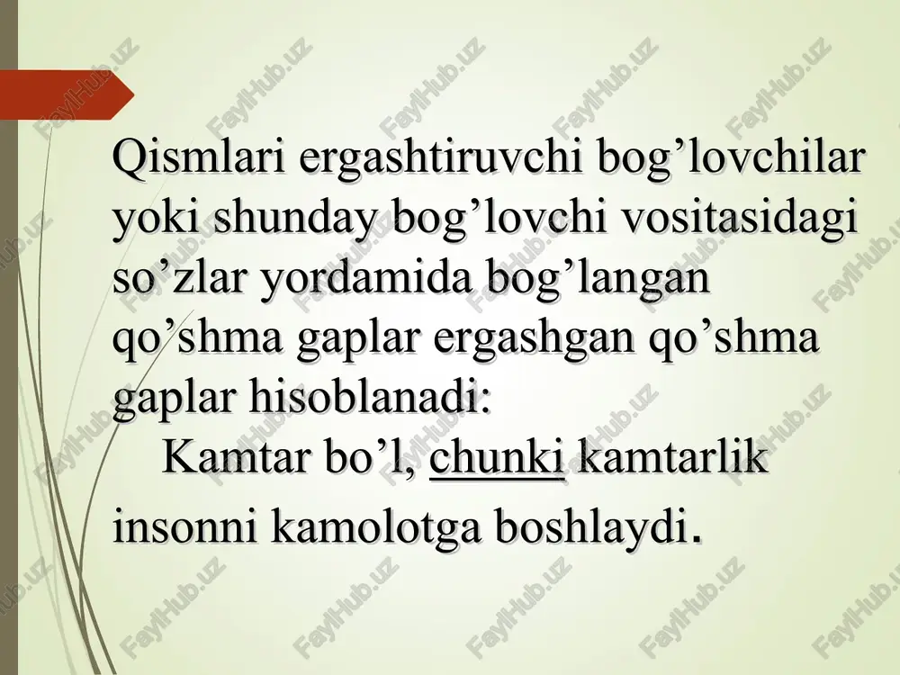 r qocha boshladi. shart mayli vositasida ergashgan qo’shma gaplar ergash gapning kesimi shart maylidagi fe’llar orqali ifodalanganda, shart mayli qo’shimchasi ergash gapni bosh gapga bog’lovchi vosita ham sanaladi. shart va paytni bildiradi. kuz kelsa, daraxtlarning barglari sarg’ayib to’kiladi. (payt ma’nosida) i ko’rsatish olmoshili ergashgan qo’shma gaplar bosh gap tarkibidagi ko’rsatish olmoshi ma’nosini izohlash uchun qo’llangan ergash gaplar bosh gapga –ki yuklamasi yordamida bog’lanadi. ba’zan bu bo’lak qo’llanmasligi mumkin, ammo uning o’rni bilinib turadi. shunday odamlar borki, ular bilan gaplashib bahra olasan. odam borki, odamlarning naqshidir, odam borki, hayvon andin yaxshidir.