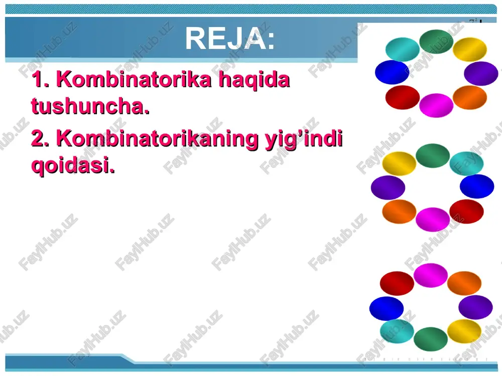 nlanganiga bog'liq emas. miqdor va mahsulot qoidalari har qanday ob‘yekt uchun to'g'ri keladi. kombinatorikaning asosiy qoidasi masala. samarqanddan toshkentga 4 xil yo’l bilan kelish mumkin: samolyot, poyezd, avtobus, yengil mashina (taksi) bilan. toshkentdan xo’jakentga 3 xil transport vositasi olib boradi: poyezd, avtobus, taksi. samarqanddan xo’jakentga necha xil usulda kelish mumkin? kombinatorik masalalarda berilgan topshiriqni nechta usulda bajarish mumkinligi aniqlanadi. masalan: 9, 0, 4 raqamlari berilgan. bu raqamlardan foydalanib nechta uch xonali son hosil qilish mumkin? namuna: 409; 490; ... masala sinfda to`rtta o`quvchi bir-biri bilan qo`l berib ko`rishmoqda. ko`rishishlar soni nechta bo`ladi? javobingizni tajribada tekshirib ko`ring. masala qizil, sariq va oq gullar yonma-yon ochilib turibdi. asalari har bir gulga faqat bir marta qo`nishi mumkin. u hamma gullarni necha usulda aylanib chiqa oladi? masala bo`rining inidan tulkining iniga 3 ta, tulkining inidan ayiqning iniga 2 ta yo`l bor. bo`ri mehmonga borish uchun tulki inidan o`tib, ayiqnikiga nechta yo`l orqali bora oladi? …
