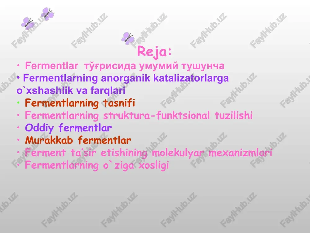 fermentlar faolligini boshqarish mumkin bo`lib, bu xususiyat biologik bo`lmagan katalizatorlar uchun xos emas fermentativ reaktsiya tezligi ferment miqdoriga to`g`ri proporsional fermentlar faqat tirik organizmlarda sintezlanadi. enargiya reaktsiyaning borishi reagentlar mahsulot fermentsiz ferment bilan “erkin” substratni faollash energiyasi ferment bilan bog`langan substratni energiyasi substrat reaktsiyaga kirishi uchun faollanish energiyasi deb ataluvchi energiya kerak bo`ladi. talab etiladigan faollanish energiyasi miqdori qancha ko`p bo`lsa, shu haroratdagi reaktsiya tezligi ham shuncha past bo`ladi. fermentlar katalizator sifatida ta’sir etib, faollanish energiyasini pasaytiradi. ular haroratni deyarli o`zgartirmasdan reaktsiyaning umumiy tezligini oshiradi. fermentlarning struktura-funktsional tuzilishi fermentlar uchun oqsil strukturasiga tegishli hamma xossalar tegishli. xuddi boshqa funktsional oqsillar singari ular ham oddiy (protein-fermentlar) va murakkab (ferment-proteid) ga bo`linadi. murakkab fementlarning oqsil qismi - apoferment va oqsil bo`lmagan qismi – kofaktor deb aytiladi. fermentlarning kofaktorlari metall ionlari va kofermentlar. ferment murakkab oddiy aminokislotalar oqsil qismi (apofement) oqsil bo`lmagan qismi (kofaktor) metall ionlari kofermentlar vitaminli vitamin bo`lmagan fermentning funktsional tuzilishi …