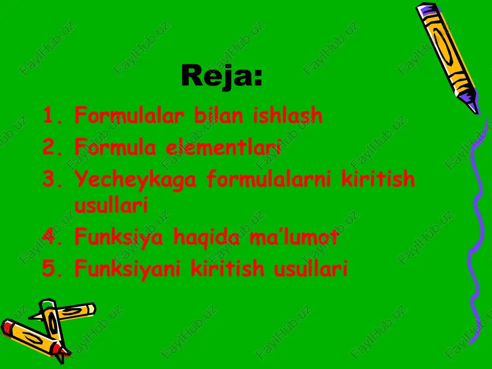 sob-kitob natijasi ko’rinadi. lekin formulaning o’zi tegishli yacheyka faollashtirilsa formulalar qatorida paydo bo’ladi. formulalar har doim «=» belgisi bilan boshlanadi. ushbu belgi yordamida excel matn va formulalarni farqlaydi. yacheykaga formulalarni kiritishning ikkita usuli mavjud: * 1. formulani klaviatura orqali kiritish: «=» belgisini ko’yib, keyin formulalar kiritiladi. kiritish paytida belgilar formulalar qatorida xamda faollashgan yacheykada paydo bo’ladi. formulalarni kiritishda odatdagi taxrirlash tugmalaridan foydalanish mumkin. 2. yacheykalar manzilini ko’rsatish yo’li bilan formulalar kiritish: bu usulda xam formulalar klaviaturadan kiritish orqali, lekin kamroq foydalangan holda amalga oshiriladi. ushbu usulda yacheykalar manzilini kiritish o’rniga ular ko’rsatiladi, xolos. * masalan, a3 yacheykaga =a1+a2 formulasini kiritish uchun kuyidagilarni bajarish kerak. jadval kursori a3 yacheykaga o’tkaziladi; «=» belgisi kiritiladi. formulalar qatori yonida «kiritish» (vvod) yozuvi paydo bo’ladi; sichqoncha ko’rsatkichi a1 yacheykaga olib boriladi va chap tugmachasi bosiladi. natijada yacheyka ajratib ko’rsatiladi, ya'ni uning atrofida harakatlanuvchi ramka (rom) paydo bo’ladi. a3 yacheykasi formulalar qatorida — a1 yacheyka manzili …