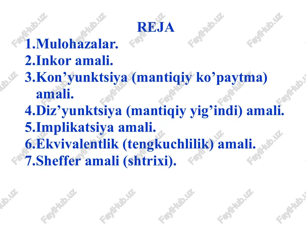 2, …, an o‘zgaruvchilar-ning bo‘lishi mumkin bo‘lgan barcha rosrlik qiymarlariga aytiladi. ta‘rif 5. α formulaning barcha mantiqiy imkoniyatlarini o‘z ichiga olgan jadvalga α formulaning mantiqiy imkoniyatlari jadvali deyiladi. ta’rif 6. agar α va β formulalar uchun umumiy bo‘lgan mantiqiy imkoniyatlarda α va β bir xil qiymatlar qabul qilsa, u holda α va β formulalar teng kuchli deyiladi va ular α≡β kabi belgilanadi. ta’rif 7. agar barcha mantiqiy imkoniyatlarda α formula bir xil 1 ga teng (0 ga teng) qiymat qabul qilsa, α formula ayniy haqiqat (ayniy yolg‘on) yoki tavtologiya (qarama-qarshilik) deyiladi va α≡1 (α≡0) kabi belgilanadi. |=α yozuv α – tavtologiya ekanligini anglatadi. reja 1. mulohazalar. 2. inkor amali. 3. kon’yunktsiya (mantiqiy ko’paytma) amali. 4. diz’yunktsiya (mantiqiy yig’indi) amali. 5. implikatsiya amali. 6. ekvivalentlik (tengkuchlilik) amali. 7. s h effer amali (shtrixi). matematik mantiqning ushbu mulohazalar algebrasi deb a talgan bo’limida asosiy tekshirish ob’ektlari bo’lib gaplar xizmat qiladi. matematik mantiq …
