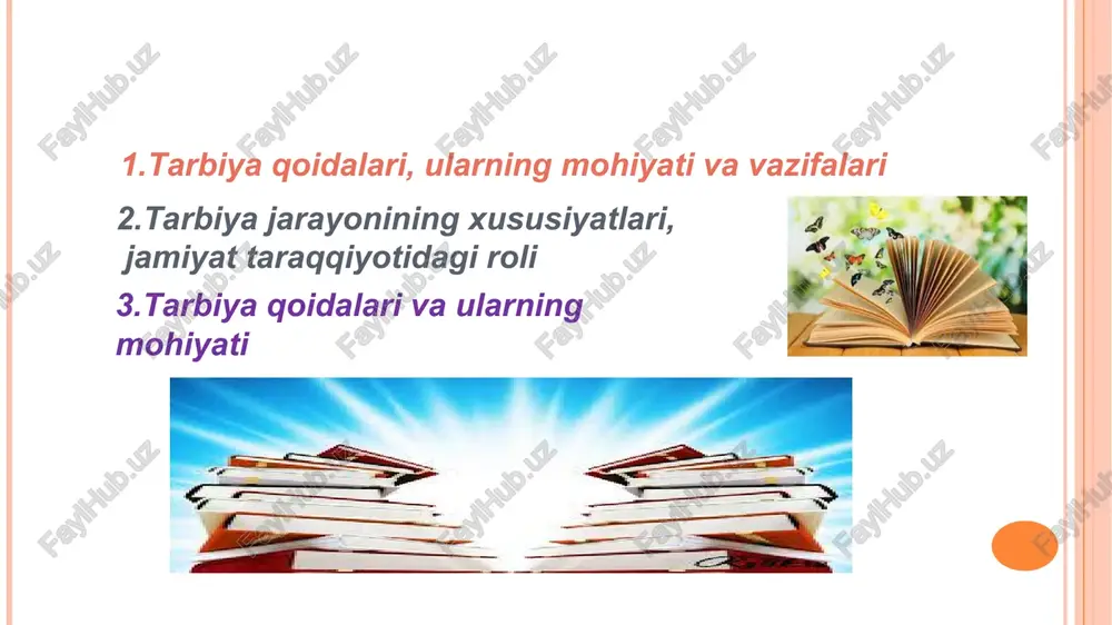 oidasi... o‘qituvchi va tarbiyachilarga yo‘l - ko‘rsatuvchi qoidalar ta’lim va tarbiya jarayonini yaxshiroq tashkil etish holati tarbiya biz uchun yo hayot, yo mamot, yo najot, yo halokat, yo saodat, yo falokat masalasidir, insonparvarlik va demokratiya milliy-umuminsoniy qadriyatlar ustuvorligi izchillik, tizimlilik, uzluksizlik ma’lum maqsadga qaratilganlik tarbiya qoidalari tarbiyaviy ta’sirlar uyg‘unligi oila tarbiya maskani bolalarning murg‘ak qalbiga hech bir narsa ibratdek kuchli ta’sir etmaydi va barcha ibratlar ichida ota-ona ibratidan kuchliroq va mustahkamroq o‘rin oladigan ibrat yo‘q. n.i.novikov tarbiyaning yoshga bog‘liq jihatlari: 7-10 yosh-gacha 10-14 yosh-gacha 14-18 yosh-gacha 3 yosh-gacha 3-7 yosh-gacha * … bolalar uch yoshgacha o‘zlari uchun muammoli vaziyatlardan tez chiqishadi… uch-yetti yoshgacha bolalar e’tibor talab qiladigan bo‘ishadi xxi asrda yosh avlodni tarbiyalash vositalari tarbiyaviy jarayonni tashkil qilish asosi ilg‘or milliy mezon ma’naviy-ahloqiy qadriyat xalq pedagogikasi marosim, bayramlar, o‘yinlar kasbiy fidoiylik insoniy fazilatlar interfaol uslublar tarbiya texnologiyalari o‘qituvchining tarbiya texnologiyalari asosida faoliyat olib borishi tarbiyada birdamlik oilada bola tarbiyasi prinsiplari …