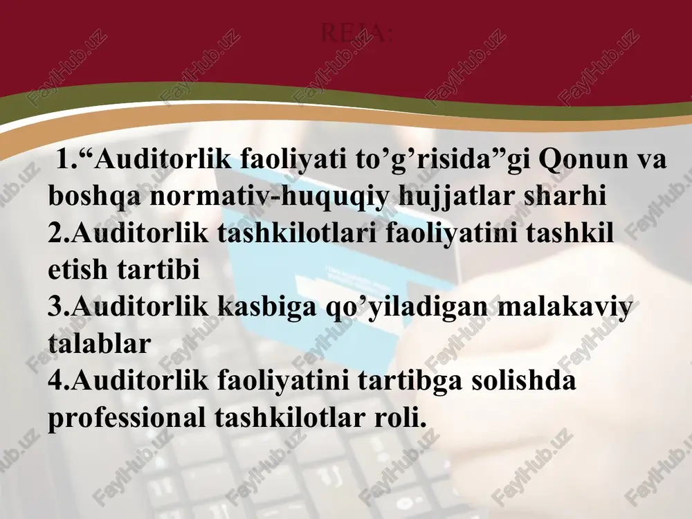 gi qaroridan kelib chiqib, o’zbekiston respublikasi soliq kodeksiga 2018 yil uchun kiritilgan qo’shimcha va o’zgartirishlar(145-modda 17-18-bandlar, 147-modda 7-band) va boshqalar. 3-pog’ona o’zbekiston respublikasi vazirlar mahkamasining qarorlari o’zbekiston respublikasi vazirlar mahkamasining “auditorlik faoliyati takomillashtirish va auditorlik tekshirishlarning ahamiyatini oshirish to’g’risida” 2000 yil 22 sentyabrdagi №365 sonli qarori, “xo’jalik yurituvchi sub’ektlarning xarajatlarini hisobga olish va moliyaviy natijalarini shakllantirish tartibini takomillashtirish to’g’risida” 2003 yil 15 oktyabrdagi №444 sonli qarori, “korporativ boshqaruv ilmiy-ta’lim markazining samarali faoliyatini ta’minlashga doir tashkiliy chora-tadbirlar to’g’risida” 2015 yil 27 oktyabrdagi №305 sonli qarori va boshqalar. 4-pog’ona moliyaviy hisobotning xalqaro standartlari va auditning xalqaro standartlari buxgalteriya hisobining xalqaro standartlari, moliyaviy hisobotning xalqaro standartlari. auditning xalqaro standartlari, auditor kasbiy etika kodeksi, ichki auditorlar instituti standartlari va boshqalar 5-pog’ona auditorlik tashkilotlarining ichki ishchi standartlari auditorlik tashkilotlarining ichki standartlariga qo’yilgan talablar, auditorlik tashkilotlarining ishchi standartlari, auditorlarning ishchi standartlari 10-modda. auditorlik faoliyati sohasidagi davlat siyosatining asosiy yo‘nalishlari auditorlik faoliyati sohasidagi davlat siyosatining asosiy yo‘nalishlari …