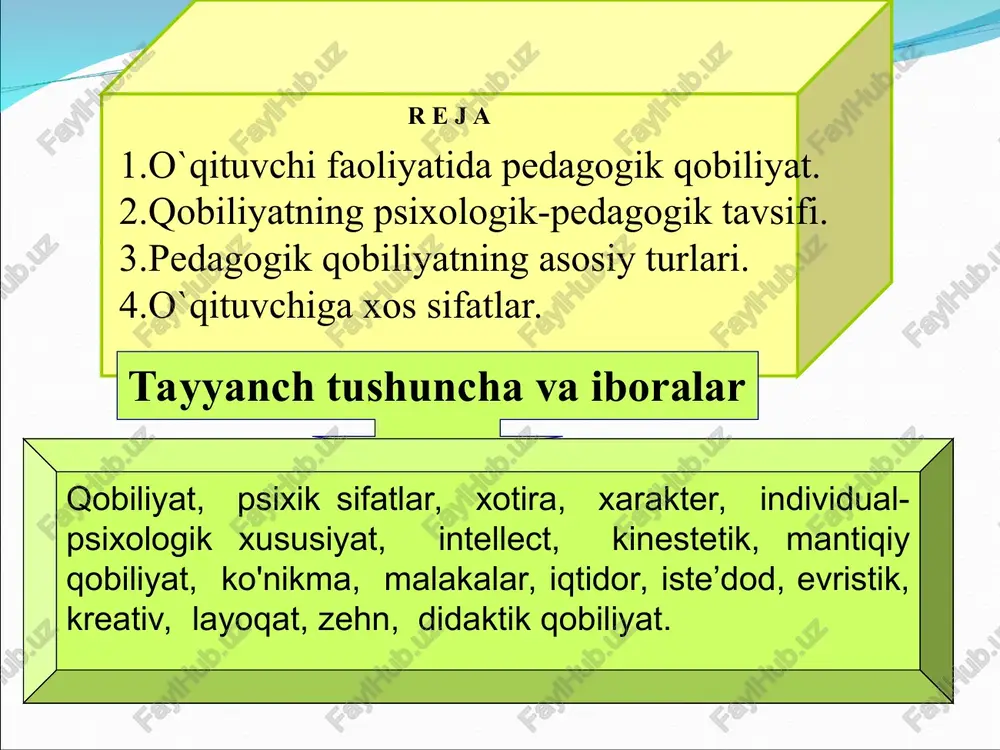 a qo'shiqlarni sevib tinglaydi. kinestetik (teri-muskul) qobiliyat. o‘qituvchining o‘z xatti harakatlari, muvofiqlashtirish qobiliyati, harakat ohangini his qilgan holda yo‘naltiradi, vaqtni harakat sur ’ati bilan his qiladi, o ‘zi uchun maishiy qulayliklarni yarata oladi, hayot marhamatlaridan rohatlanishni biladi; mantiqiy qobiliyat. falsafiy mulohazalar yuritishni, raqamlarni matematikani, murakkab masalalarni hal qilishni sevadi, sababiyat va oqibat natijalarini tushunish malakasiga ega, voqelikda asosiylikni ikkinchi darajalisidan ajrata oladi; shaxsning ichki qobiliyati. o‘z-o‘zini mukammal bilishi, tushunishi va his qilish qobiliyati. erkin shaxsda ichki qobiliyat mukammal rivojlanadi, irodasi mustahkam, qat’iyatli, har qanday vaziyatda o'z fikr mulohazasini erkin bayon eta oladi. qobiliyatga yaqinroq turadigan tushunchalar ko‘nikma va malakalardir. ko ‘nikmalar – o’qituvchining kasbiy faoliyati jarayonida hosil qilgan tajriba va bilimlar asosida bajariladigan ishning mukammal usuli. malakalar – o’qituvchining ongli faoliyatni bajarishi jarayonida hosil qilingan kasbiy intellektual faoliyatning avtomatlashgan komponentlari yig`indisi. eslatma! darhaqiqat, qobiliyatli kishining ko 'nikma va malakalari ko ‘p qirrali va mukammallashgan bo ‘ladi. ko ‘nikma va malakalar …