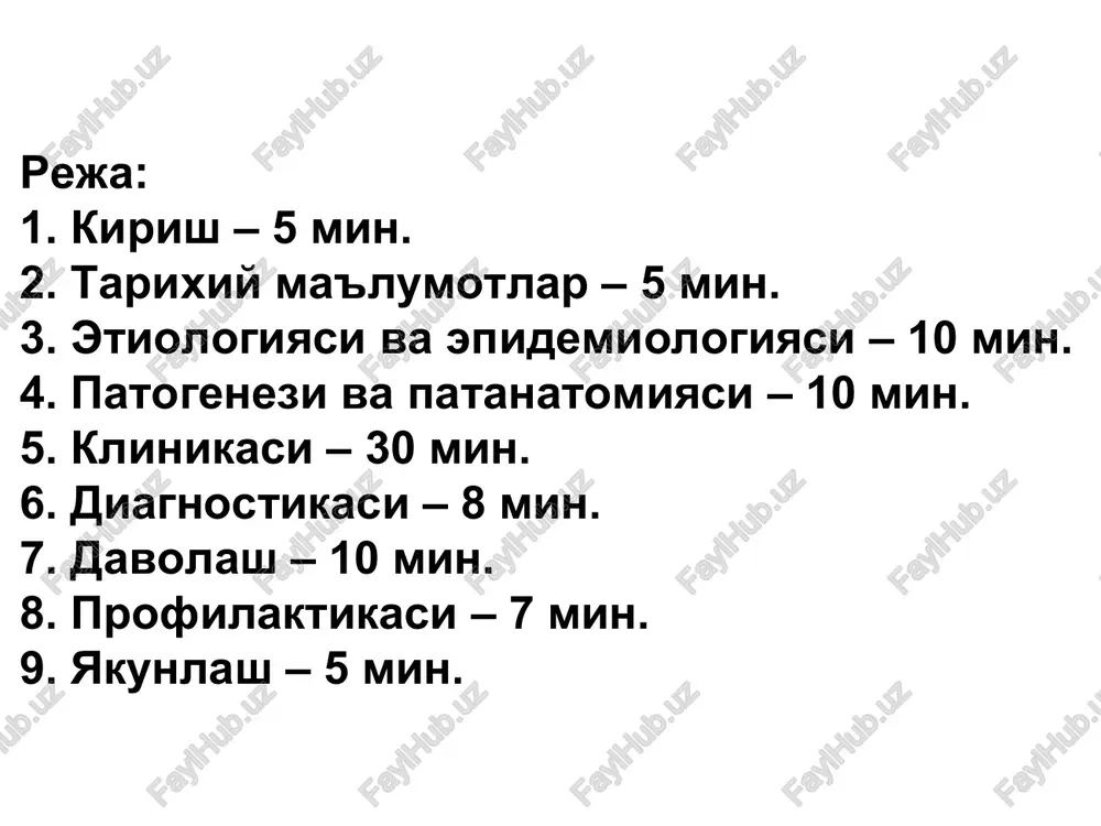 » sezonga bog'liqlik «bolalar kollektivi kasalligi» beriluvchanlik (vospriimchivost) – absolyut immunitet bir yoshgacha bo'lgan bolalar kasallanmaydi ko'pincha 3-14 yoshdagi bolalar kasallanadi o'tkir infektsiyadan so'ng – umrbod immunitet qoladi kattalar 30 yoshdan so'ng kam kasallanadi patogenezi og'iz ------- oshqozon ---------- ingichka ichak --------- jigarda portal qon aylanishi ---------- aloxida ----------gepatotsitlarning nekrozi ----------- immun sistema aktivatsiyasi --------- limfotsitlarning maxsus sensibilizatsiyasi ----------virusga qarshi antitelalarning ishlab chiqishi (anti-hav) ---------- ichakka virusning tushishi --------- axlat bilan ajralishi klinikasi o'tkir tsiklik kechishi. kasallik davrlari: inkubatsion davri – 7-50 kun (15-30 kun) prodromal (sariq oldi) davri avj olish (sariqlik) davri rekonvalestsentsiya davri prodromal davr dispeptik sindrom grippsimon sindrom asteno-vegetativ sindrom latent aralash maxsus simptomlar: peshob to'qlashishi axlat rangining oqarishi alat va asat, timol sinamalarining oshishi qonda bog'lanmagan bilirubin miqdorining biroz oshishi xamda ptsr usulida hav va ifa usulida anti-hav ni aniqlash sariqlik davri bemor axvoli yaxshilanadi sariqlikning tezda oshishi (3-7 kun), stabillashishi (3-5 kun) intensivligining kamayishi bu …