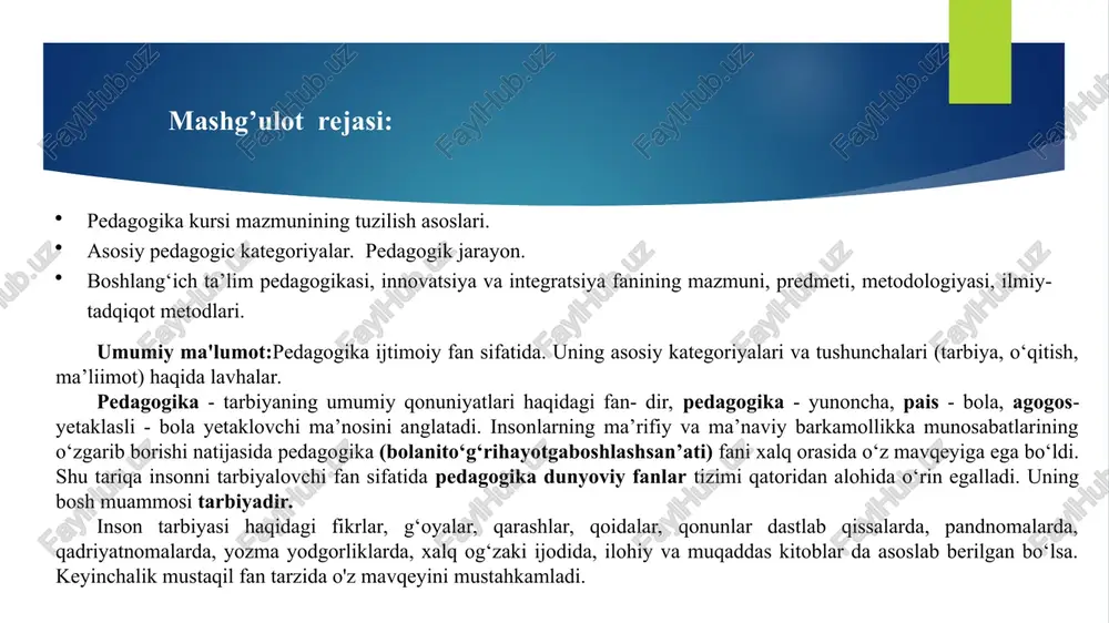 o‘rin egalladi. uning bosh muammosi tarbiyadir. inson tarbiyasi haqidagi fikrlar, g‘oyalar, qarashlar, qoidalar, qonunlar dastlab qissalarda, pandnomalarda, qadriyatnomalarda, yozma yodgorliklarda, xalq og‘zaki ijodida, ilohiy va muqaddas kitoblar da asoslab berilgan bo‘lsa. keyinchalik mustaqil fan tarzida o'z mavqeyini mustahkamladi. «pedagogika- tarbiya haqidagi ta’limot, tarbiyalash san’ati, tar­biya insonni shakllantirishga qaratilgan muayyan tizimli faoliyat ham­da ta’lim-tarbiyaning mazmuni, shakli va metodlari haqidagi fan. pedagogika tarbiya va ta’lim sohasiga tegishli bilimlar yig‘indisi»; «tarbiya- shaxsda muayyan jismoniy, ruhiy, axloqiy, ma’naviy sifatlarni shakllantirishga qaratilgan amaliy pedagogik jarayon; inson- ning jamiyatda yashashi uchun zarur bo’gan xususiyatlarga ega bo‘lishini ta’minlash yo‘lida ko‘riladigan chora-tadbirlar yig‘indisi». demak, tarbiya - ijtimoiy hodisa bo‘lib, insonning shaxs bo‘lib shakllanishini ta’minlaydigan eng qadimiy va abadiy ma’naviy qadri- yatdir. tarbiya insoniyat bilan birga paydo bo’ib, usiz alohida odam ham, kishilik jamiyati ham faoliyat ko‘rsata olmaydi. chunki, tarbiya inson va jamiyatning mavjudligini ta’minlaydigan qadriyat bo‘lib, u avloddan avlodga o‘tib boraveradi. tarbiya yordamida inson shaxsining ma’naviy jihatlarini qaror …