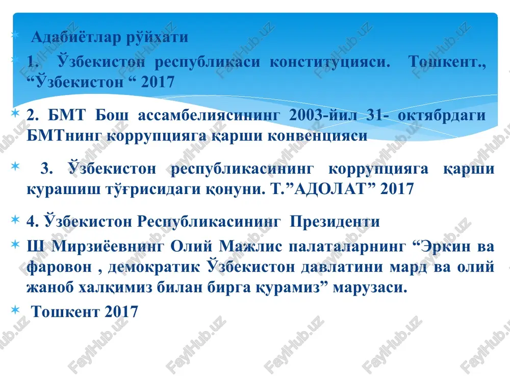 ovchi siyosatchilar, oliy martabali amaldorlarni qamrab oladi hamda yuqori bahoga ega bo'lgan qarorlar qabul qilish (qonunlarni, davlat buyurtmalarini lobbilash va qabul qilish, mulkchilik shakllarini o'zgartirish va shu kabilar) bilan bog'liq. * “ korruptsiyaga qarshi kurashda huquqni muhofaza qiluvchi organlar qanchalik harakat qilmasin, xalqimiz bu jirkanch illatga murosasiz bo'lmas ekan, ta'sirchan jamoatchilik nazoratini o'rnatmas ekan, bu baloga qarshi samarali kurashni tashkil eta olmaymiz”. sh.mirziyoev aqsh, rossiya, buyuk britaniya, bolgariya, gretsiya, latviya, estoniya kabi davlatlar tajribasiga asosan va konstitutsiyamiz talablari asosida oliy majlis palatalarida korruptsiyaga qarshi kurashish bo'yicha qo'mitalar tashkil etish o'zbekiston respublikasi prezidenti tomonidan taklif qilindi. (1177 nafar mansabdor shaxs jinoiy javobgarlikka tortilgan.) korruptsiya albatta bugun paydo bo'lgan illat emas, u qadimdan buyon mavjud bo'lib kelmoqda. qadimgi yunon faylasufi aristotel shunday degan: “har qanday davlat tizimida – qonunlar va boshqa farmoyishlar orqali ishni shunday tashkil qilish kerakki, unda mansabdor shaxslarni noqonuniy yo'l bilan boyishiga yo'l qo'ymaslik lozim.” g'arb mutafakkirlaridan biri sharl …