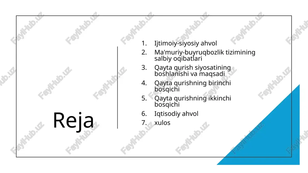 na mamlakatlar fan – texnika inqilobi tufayli xalq turmushida jiddiy ijobiy burilishga yerishgan bir paytda sssr bu jarayondan orqada qolib ketdi. ishlab chiqarish texnologiyasi yeskirgan, mahsulotlarning sifati past, ular sotilmasdan omborlarda to’planib qolayotgan yedi. ma'muriy buyruqbozlik tizimining salbiy oqibatlari ma’muriy – buyruqbozlik tizimi, iqtisodiyotga partiyaviy rahbarlik va uning mafkuralashtirilishi iqtisodiyotni isloh qilish yo’lidagi urinishlarni yo’qqa chiqarar yedi. ijtimoiy yehtiyojlarga mablag‘ ajratishda qoldiq prinsipi va taqsimotda tekischilik hukmron yedi. bular aholining mehnatga qiziqishi va faolligini susaytirdi, boqimandalik, ichkilikbozlik, chayqovchilik, poraxo’rlik kabi yaramas illatlarni keltirib chiqardi. buyruqbozlik boshqaruv usuli, mamlakatda keng tarqalgan qog‘ozbozlik, majlisbozlik illatlari iqtisodiyotning o’z qonunlari va vositalari asosida rivojlanishiga to’sqinlik qilmoqda yedi. odamlar mulkdan begonalashtirilgan, shu tufayli loqaydlik yuzaga keldi. qayta qurish siyosatining boshlanishi va maqsadi qayta qurish siyosat i boshlanishi kpss mk bosh kotibi mixail sergeevich gorbachev va kpss markaziy komitetining 1985 yil 25 aprel plenumi bilan bevosita bog‘liqdir. bu siyosat sssrda totalitar tizimni isloh yo’li bilan o’zgartirishga …