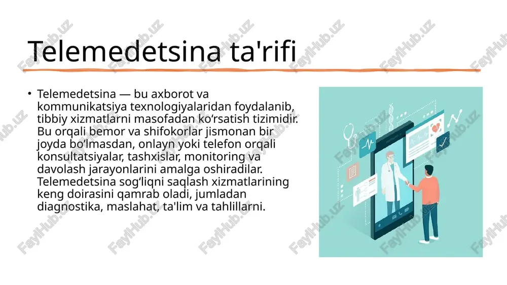 arni kasalxonaga borish zaruriyati kamayadi. vaqt va masofani tejash — shifokorlar va bemorlar uchun qulaylik. tibbiy xizmatlarning sifatini yaxshilash — malakali mutaxassislar bilan kengroq bog‘lanish. telemedetsinaning kamchiliklari internetga bog‘liqlik — sifatli internet bo‘lmasa xizmat ko‘rsatishda qiyinchiliklar. texnologik muammolar — dasturiy ta'minot nosozligi yoki qurilma ishlamasligi. maxfiylik va xavfsizlik masalalari — shaxsiy ma’lumotlar himoyasi muhim. to‘liq diagnostika imkonsizligi — ba’zi holatlarda faqat ko‘rish orqali aniq tashxis qo‘yish qiyin. yuridik va etik muammolar — mas’uliyat, litsenziya va qonuniy jihatlar. telemedetsina sohasidagi qonunchilik har bir mamlakatda telemedetsinani tartibga soluvchi qonunlar mavjud. o‘zbekiston respublikasida ham sog‘liqni saqlash va axborot xavfsizligi qonunlari telemedetsina faoliyatini qamrab oladi. bemor maxfiyligi va shaxsiy ma’lumotlarni himoya qilish qonuniy himoya ostida. telemedetsina xizmatini ko‘rsatish uchun shifokorlarning maxsus litsenziyasi talab qilinadi. davolash va tashxis qo‘yishda mas’uliyat aniq belgilangan. telemedetsinaning qo‘llanish sohalari terapiya va maslahat berish — umumiy tibbiy maslahatlar. psixologik yordam — ruhiy salomatlik bo‘yicha onlayn terapiya. diagnostika va tahlillar — …