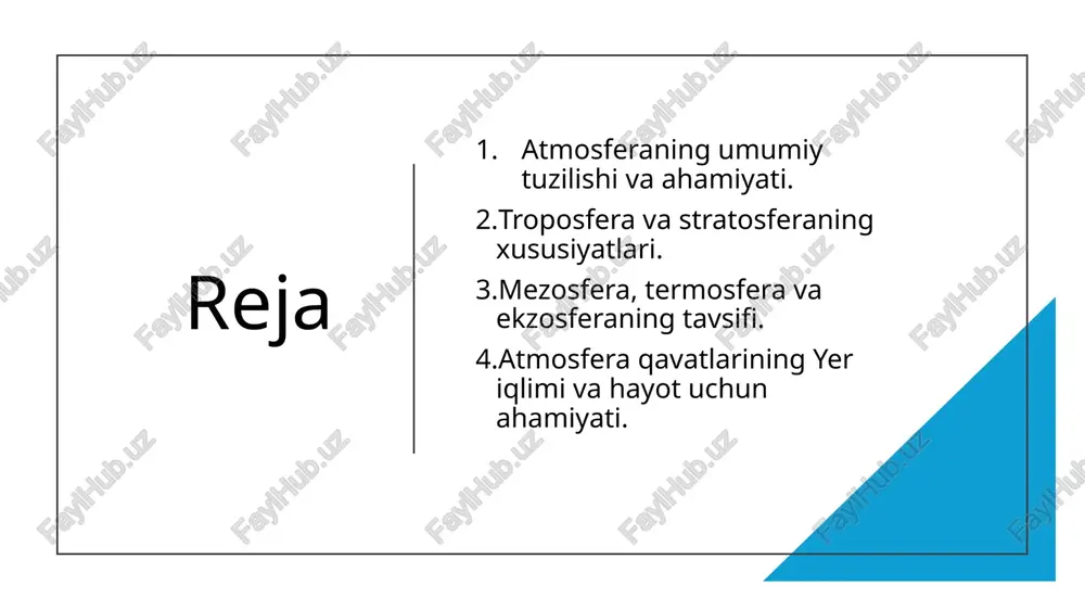 iyatlari 2. stratosfera joylashuvi: troposferadan yuqorida, taxminan 15–50 km balandlik oralig‘ida. xususiyatlari: bu qavatda ob-havo hodisalari deyarli sodir bo‘lmaydi, havo sokin. eng muhim jihati — ozon qatlami shu yerda joylashgan. u quyoshning ultrabinafsha nurlarini yutib, yerda hayotni himoya qiladi. harorat bu qavatda balandlik oshgan sari ortadi (tropopauzadan 50 km gacha). samolyotlar asosan stratosferaning pastki qatlamida parvoz qiladi, chunki havo tinch va barqaror. stratosferaning yuqori chegarasi stratopauza deb ataladi. mezosfera, termosfera vaekzosferaning tavsifi. mezosfera joylashuvi: 50 km dan 85 km gacha bo‘lgan balandlik oralig‘ida. tavsifi: atmosferaning o‘rta qavati hisoblanadi. harorat balandlik oshgan sari keskin pasayadi (–90°c gacha). meteorlar (yulduzlar yog‘ilishi) shu qavatda yonib ketadi. havo juda siyrak, ammo hali ham gaz molekulalari mavjud. mezosferaning yuqori chegarasi mezopauza deb ataladi. mezosfera, termosfera vaekzosferaning tavsifi. termosfera joylashuvi: 85 km dan 800 km gacha. tavsifi: quyosh nurlari to‘liq yutiladi, shuning uchun harorat 1000°c dan ortiq bo‘lishi mumkin. havo juda siyrak, ammo gaz molekulalari ionlarga …