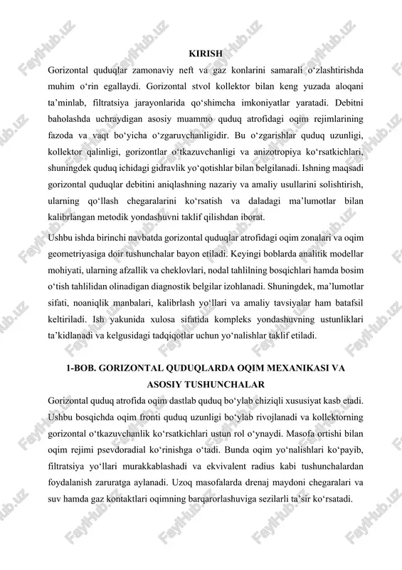 ko‘rinishga o‘tadi. bunda oqim yo‘nalishlari ko‘payib, filtratsiya yo‘llari murakkablashadi va ekvivalent radius kabi tushunchalardan foydalanish zaruratga aylanadi. uzoq masofalarda drenaj maydoni chegaralari va suv hamda gaz kontaktlari oqimning barqarorlashuviga sezilarli ta’sir ko‘rsatadi. gorizontal stvol uzunligining kollektor qalinligiga nisbati, perforatsiya intervali va stvolning kolektor bilan joylashuvi oqim mexanikasini aniqlovchi muhim parametrlardir. anizotropiya mavjud bo‘lganda gorizontal va vertikal o‘tkazuvchanliklar o‘rtasidagi nisbat oqim trayektoriyalarini o‘zgartirib yuboradi. darciy qonuni doirasida bir fazali oqim uchun oddiy ifodalar radial quduqlarda qo‘llanilsa ham gorizontal stvollarda ekvivalent radius va qo‘shimcha tuzatishlar kiritish talab qilinadi. gorizontal quduq yaqinidagi hududda skin ta’siri kuchli bo‘lishi mumkin. skin quduq atrofidagi o‘zgarishlar natijasida yuzaga keladigan qo‘shimcha bosim yo‘qotishlarini ifodalaydi va debit qiymatiga bevosita ta’sir qiladi. quduq ichidagi gidravlika ham e’tibordan chetda qolmasligi lozim. yuqori debitlarda friksion yo‘qotishlar, tezlanish komponenti hamda ko‘p fazali oqim sharoitlari tufayli bosim grafigi o‘zgaradi. bu holat ipr va vlp egri chiziqlari kesish nuqtasini siljitishi mumkin. shuning uchun gorizontal quduqlarda …