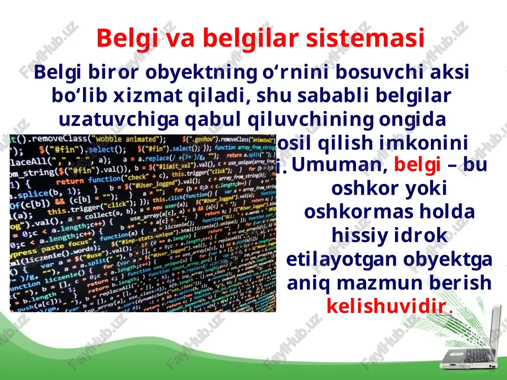 gilarning turli boshqa belgilar bilan hamda ularning bir nechtasi bilan ifodalanishi mazkur usulning keng qo‘llanilishiga to‘siqlik qilsa, ikkinchi tomondan, uning faqat ikki belgi – nuqta va tiredan iboratligi uni texnik vositalarda qo‘llash imkonini beradi. tartiblangan alifbo usulida har bir harfga 2 ta belgidan iborat kod mos qo‘yilgan. 02 20 06 20 13 07 01 21 14 08 18 18 08 16 masalan, «bugun havo issiq» degan axborot quyidagi ko‘rinishga ega bo‘ladi: bu usulda tinish belgilari va boshqa kerakli belgilarni ham alohida kodlab, matn yozishda foydalanish mumkin. alifbo harflarini kodlashning boshqa usullari ham mavjud. bu aralashtirilgan alifbo usuli deyiladi. havo issiqligi haqidagi yuqoridagi matn bu usulda quyidagi ko‘rinishni oladi: 03 18 14 18 27 34 12 16 17 11 28 28 11 21 bundan mazkur axborotni yuqorida keltirilgan jadvaldagi ma’lumotlarni bilmasdan turib dekodlash juda murakkab ish ekanligini ko‘rish qiyin emas. savol va topshiriqlar: 1. belgi va kelishuvlar haqida ma’lumot bering. 2. …