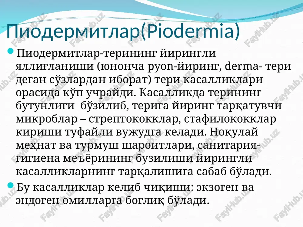 it- soch piyozchasining o'tkir, yiringli yallig'lanishi. agarda yallig'lanish soch piyozchasining yuqori qisminigina jaroxatlab, faqat dermaning yuza qismida kechsa –yuza falikulit xosil bo'ladi va bu follikulitlar keyinchalik qurib, qaloq yoki yuqori qismi ochilib eroziya xosil qiladi. soch piyozchasining to'la yallig'lanishi bilan kechuvchi jarayon esa chuqur follikulit deb ataladi,va bu jarayon yuza chandiq xosil qilib, tugaydi. sikoz sikoz –surunkali, qaytalanib turuvchi, birdaniga ko'p soch follikulalarining yallig'lanishi bo'lib, asosan soqol, mo'ylab, qosh, kiprik soxalaridi ostiofollikulit va follikulitlar xolida kuzatiladi va asosan neyroendokrin va jinsiy bezlar faoliyati o'zgargan, ko'proq darmonsiz erkaklarda uchraydi. davosi umumiy davo: antibiotiklar sulfanilamid preparatlari vitominterapiya mahalliy davo: yiringchani bo'shliq ustidagi qobig'ini ochish. dezinfektsiyalovchi eritmalar dezinfektsiyalovchi kremlar streptokokkli piodermitlar streptokokkli piodermitlar –chaqiruvchisi streptokokklar. faqat nozik yassi terini jaroxatlaydilar va ko'pincha yuza joylangan, yassi, yupqa tomli, bo'shashgan pufakka o'xshash, seroz suyuqlikni eslatadigan suyuq yiring saqlovchi yiringchalarni yani fliktenalarni xosil qiladi. furunkul furunkul –soch xaltachasi va atrofidagi to'qimaning o'tkir yiringli –nekrotik yallig'lanishi. furunkul …