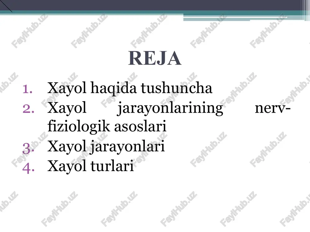 mumkun. ertakdagi afsonaviy obrazlar shular jumlasidandir. xalq xayolining mahsuli bo’lgan suv parisi obrazi - ayol, baliq va yashil suv o’simligi obrozlaridan yaratilgan. xuddi shuningdek qadimgi yunon afsonalaridagi ’’sfinks’’ tanasi sher, boshi va ta’nasi ayol kishiga o’xshagan qanotli bor maxluq g’ayri tabiiy ravishda olinganini ko’ramiz. ehtiyojlar ijod jararayoning asosiy manbaidir. odamlar taraqqiyot yo’liga kirishlari bilanoq o’z ehtiyojlarini qondirish maqsadida yangi-yangi narsalarni o’ylab topa boshlaganlar. qo’lda har narsa qilish qiyinligini tushungan odamlar eng oddiy mehnat qurollarini ixtiro qila boshlaganlar. masalan odam kaftlab suv olish usulini idish bilan suv olish usuli bilan almashtirdi; buyumlarni siqib ushlashda barmoqlar vazifasini ombir o’taydigan bo’ldi, musht bilan siqilgan qo’l bolg’a timsoliga aylandi, kichik masofani ikki barmoq bilan o’lchash tsir kulami yaratishga yordam berdi. xayol jarayonlarining nerv-fiziologik asoslari xayol qilish jarayoni juda ham murakkab aks ettirish jarayoni bo’lishiga qaramay, uning asosida yotgan fiziologik mexanizmlarni akademik i.p. pavlovning oliy nerv-faoliyati haqidagi ta'limoti asosida ma'lum darajada tushuntirib o’tish mumkin. xayolning …