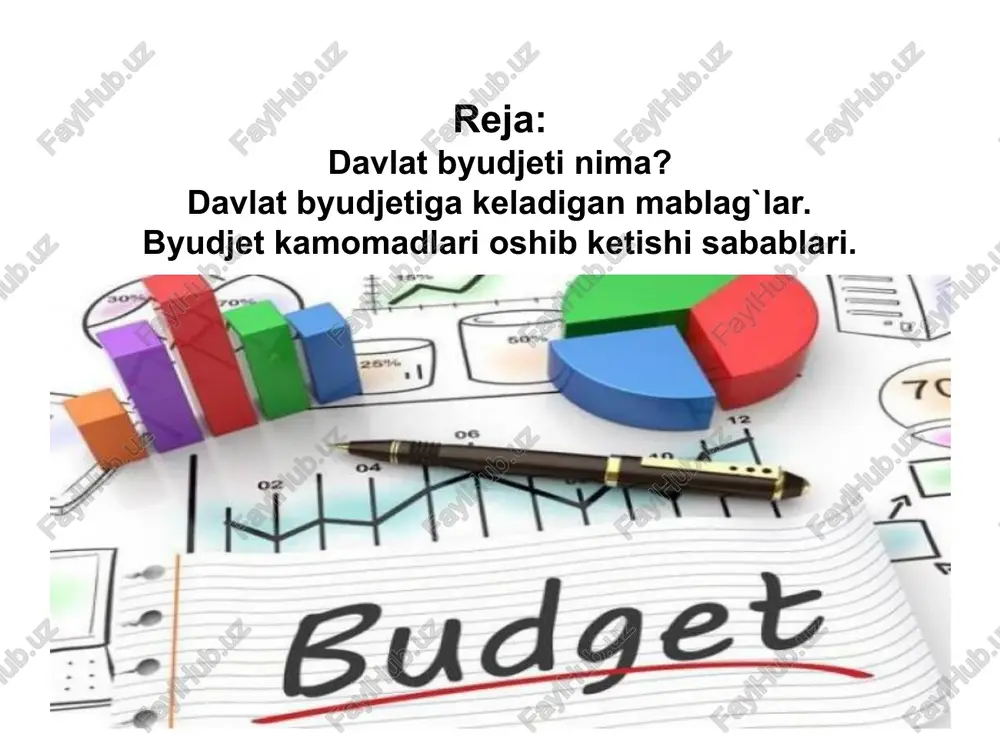 davlat byudjeti, odatda, joriy yilda kelgusi yil uchun tuziladi. iqtisodiy beqarorlik sharoitida u chorak yoki yarim yilga tuzilishi ham mumkin. davlat byudjetini huku-mat tuzadi va yuqori qonun chiqaruvchi organ (parlament) tomonidan tasdiqlanadi. davlat byudjeti muayyan mamlakatdagi ijtimoiyiqtisodiy munosabatlarni ham ifodalaydi. jamiyatning iqtisodiy tuzumi, davlatning tabiati va faoliyatiga qarab davlat byudjeti mohiyati, uning daromadlari va xarajatlari xususiyati hamda tarkibi turlicha bo`ladi. sanoati rivojlangan mamlakatlarda davlatning iqtisodiyot, ishlab chiqaruvchi, milliy daromadni taqsimlash va qayta taqsimlashga faol aralashuvi davlat byudjeti mavqeining oshishiga sabab bo`ladi, milliy daromad davlat ixtiyorida yig`iladi va uning byudjet orqali qayta taqsimlanadigan qismi ko`payadi. hozirgi rivojlangan mamlakatlarda davlat byudjetining asosiy qismi soliqlar (fuqarolarning shaxsiy daromadlaridan undiriladigan shaxsiy daromad solig`i, ish haqi fondiga soliq va korxonalar, korporatsiyalar foydasidan undiriladigan foyda solig`i va b.) hisobiga shakllanadi (mas, 1987-yilda aqshda soliq tushumlari davlat byudjetining 98 % ini, buyuk britaniyada 96,7 % ini, fransiyada 91,5 % ini tashkil qildi). aqsh federal byudjetidan qilinadigan xarajatlar …
