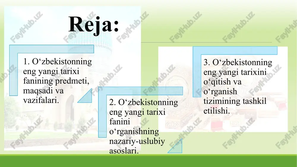 hgan hayotini, o‘tmishdagi tarixiy jarayonlarni, turmush tarzini, avloddan-avlodga meros sifatida rivojlanib, boyib borayotgan ijtimoiy-siyosiy, iqtisodiy, ma‘naviy madaniy, davlat qurilishi sohalaridagi tajribalarini, o‘z xalqiga bosh bo‘lib, ularga yetakchilik qilgan tarixiy shaxslar faoliyatini tartibga solib o‘rganuvchi va tasvirlovchi fandir. 6 milliy tarixni milliy ruh bilan yaratish kerak. aks holda uning tarbiyaviy ta’siri bo‘lmaydi. biz yoshlarimizni tarixdan saboq olish, xulosa chiqarishga o‘rgatishimiz, ularni tarix ilmi, tarixiy tafakkur bilan qurollantirishimiz zarur. sh.m.mirziyoyev inson o‘z tarixini o‘rganish, bilish orqali kishilik jamiyatining rivojlanish qonuniyatlari, taraqqiyotining bosqichlarini, jamiyatning inqirozli holatga tushish sabablari va bu holatdan chiqish yo‘lidagi tajribalarini tushunib oladi, o‘tmish saboqlaridan xulosa chiqaradi va kelajakda to‘g‘ri yo‘ldan borish lozimligini anglab yetadi. shu jihatdan, tarix fani tarixiy jarayonlarning qonuniyatlari va an’analarini tushunib yetishga, hozirgi zamonni to‘g‘ri anglab kelajakni asosli ravishda ko‘ra bilishga ko‘maklashuvchi ilm manbaidir. – mustabid sovet tuzumining inqirozi boshlangan xx asrning 80-yillari oxiridan boshlab to bugungi kunga qadar o‘zbekistonda kechgan tarixiy jarayonlar vatanimizning tarixini, bu …
