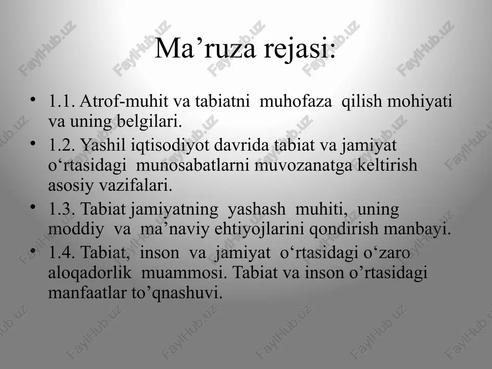 shlatish tabiatdan noratsional foydalanish tabiiy resurslarning kamayib ketishiga, tabiiy tizimlarning ifloslanishi va degradatsiyasiga, ularning ekologik muvozanatining buzilishiga olib keladi. bunday holda, tabiiy muhit sifatining to'liq yoki qisman yo'qolishi, uning sog'lig'i va estetik funktsiyalarining pasayishi kuzatiladi. tabiiy muhit sifati deganda uning jamiyat bilan o'zaro munosabatda quyidagi funktsiyalarni cheksiz uzoq vaqt davomida bajarish qobiliyati tushuniladi: bu muhim funktsiyalarning barchasi tabiiy muhitning bir qismidir ava ularni sosiy vazifasi - frinson hayotini tabatni asrash bilan qo'llab-quvvatlashga qaratilgan. 1) ishlab chiqarish kuchlarini joylashtirish va rivojlantirishda balans holatga intilish; 2) tabiiy resurslar manbaini asrab-avaylash; 3) antropogen ifloslanishning tabiiy yutuvchisi yaratish; 4) o'simlik va hayvonot dunyosining genofondi va tur xilma-xilligi "omborlari“ni yaratish. tabiatdan foydalanish - bu inson tomonidan tabiiy resurslar va tabiiy sharoitlardan oqilona foydalanish va ko'paytirish nazariyasi va amaliyoti, shu jumladan ekotizimlarga antropogen ta'sirlar va ularning odamlar uchun oqibatlarini tahlil qilish. bundan kelib chiqadiki, faoliyat sohasi sifatida ham, fan sifatida ham tabiatdan foydalanish ob'ekti tabiiy muhit …