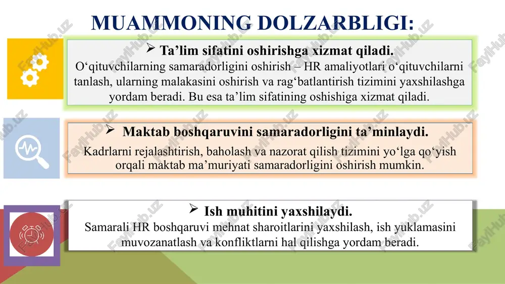 i. mahalliy adabiyotlar: azlarova m.m. – “inson resurslarini boshqarish”(2010) ushbu kitobda inson resurslarini boshqarish nazariyasi va amaliyotiga oid keng qamrovli yondashuvlar, jumladan, ta’lim muassasalarida qo‘llash imkoniyatlari tahlil qilinadi. xalimov m.r. “umumiy o‘rta ta’lim maktablarida inson resurslarini boshqarish tizimiga zamonaviy yondashuv” (2015) maqolada maktablarda hr tizimini shakllantirishda zamonaviy uslublar, strategiyalar va yuzaga kelayotgan muammolar yoritilgan. maqsad maktabda inson resurslari (hr) amaliyotlarini tatbiq etishning maqsadi – ta’lim sifatini oshirish uchun samarali kadrlar boshqaruvi tizimini shakllantirish, o‘qituvchilarning motivatsiyasi va malakasini yaxshilash, hamda mehnat sharoitlarini optimallashtirishdir. / kadrlarni tanlash va joylashtirish maktabga malakali o‘qituvchilar va boshqa xodimlarni jalb qilish, ularning kasbiy qobiliyatlarini baholash va lavozimlarga to‘g‘ri joylashtirish. kadrlar malakasini oshirish o‘qituvchilar va maktab xodimlarining doimiy kasbiy rivojlanishini ta’minlash, treninglar va seminarlarni tashkil etish. ish faoliyatini baholash xodimlarning ish samaradorligini tahlil qilish va rag‘batlantirish tizimini yo‘lga qo‘yish. mehnat sharoitlarini yaxshilash o‘qituvchilar va maktab xodimlari uchun qulay ish muhitini yaratish, ish yuklamasini muvozanatlash. motivatsiya va rag‘batlantirish …