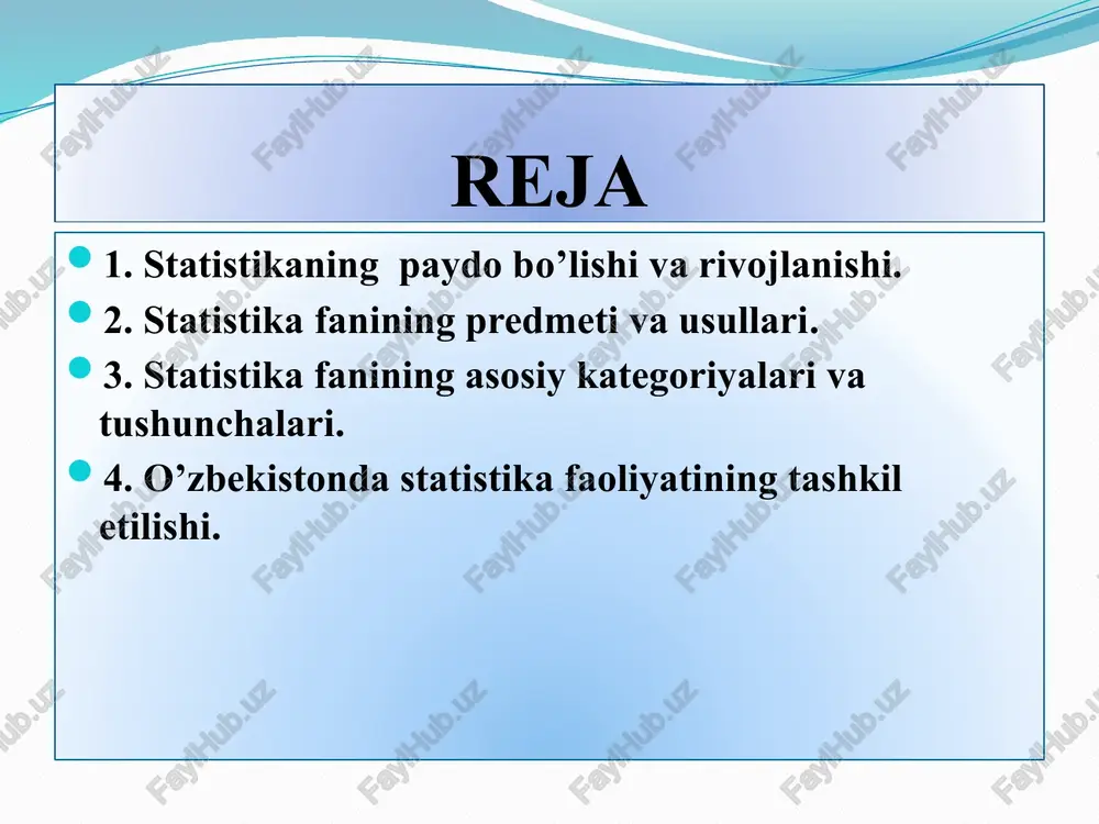 amlash va guruhlash umumlashtiruvchi ko’rsatkichlarni hisoblash va talqin qilish statistik ma’lumotlar mavbai birlamchi manbalar ikkilamchi manbaklar statistik, tanlama kuzatish, turli tekshiruv natijalari, turli ro’yhatlar natijalari davriy va joriy nashrlarda chop etiladigan ma’lumotlar statistika fani tarmoqlari iqtisodiy statistika ijtimoiy statistika statistika umumiy nazariyasi tarmoqlar statistikasi statistika fanining asosiy kategoriyalari va tushunchalari statistik to’plam bu umumiy bog’liqlikda, qandaydir bir sifat belgisi bilan birlashgan va bir-biridan farq qiluvchi ob’ekt yoki hodisalarning yig’indisidir. masalan, korxonalar soni, aktsiyadorlik jamiyatlari soni, oilalar soni va h.k. to’plamlar bir jinsli (o’xshash, bir xil bo’lgan) va turli jinsli bo’lishi mumkin. belgi bu to’plam birligining sifatiy xususiyatidir. o’rganilayotgan to’plam birligini ifodalash xarakteriga qarab belgilar miqdoriy, atributiv va alternativ belgilarga bo’linadi. statistik ko’rsatkich bu kategoriya bo’lib, hodisa va voqealarni aniq sharoit va vaqtdagi miqdoriy tasvirlanishidir statistik ko’rsatkichlar tizimi bu bir-biri bilan o’zaro bog’langan statistik ko’rsatkichlar yig’indisidir. statistik ko’rsatkichlar tizimi ijtimoiy hayotni barcha pog’onalarini o’zida qamrab oladi mamlakatda statistika rivojining tarixiy bosqichlari …