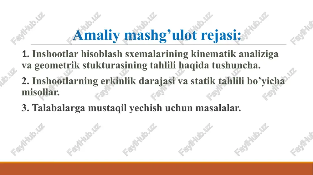 darajasi quyidagi formuladan aniqlanadi: w = 2t - s – st, bu yerda, t- ferma tugunlarining soni s-ferma ichki sterjenlarining soni st tayanch sterjenlar soni. , kkk 4 erkinlik darajasini aniqlash formulasi 3ta sifat natijalarini berishi mumkin: 1. w > 0 bo’isa, sistema geometrik o’zgaruvchan; 2. w = 0 bo’lsa, sistema geometrik o’zgarmas, statik aniq; 3. w 0 sistema geometrik o’zgarmas, stasik aniqmas, ya’ni noaniq uni tashkil etuvchi tayanchlar va sterjenlardagi zo’riqishlarni statikaning muvozanat tenglamalari yordamida hisoblash mumkin emas. 2- misol. 1.2- rasmda ta’svirlangan ramaning erkinlik darajasi aniqlanib, kinematic tahlil qilinsin. ko’rsatilgan ramada disklar soni d=2, sharnirlar soni sh=1, tayanch sterjenlar soni st=4 formuladan foydalanib erkinlik darajasini aniqlaymiz: w = 3d - 2sh - st = 3*2 – 2*1 - 4 =0 demak, rama geometrik o’zgarmas, statik aniq shart bajarildi. talabalarga mustaqil yechish uchun masalalar. foydalanilgan adabiyotlar ro'yxati 1. roland janco, branislav hucko. introduction to mechanics of materials-slovak. part i. …