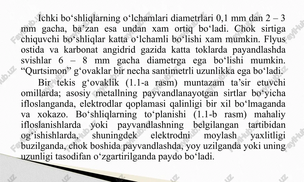 alarning paydo bo‘lishi ehtimoli ko‘p jihatdan payvandlash elektrodining markasi bilan belgilanadi. yupqa qoplamali elektrodlar bilan payvandlashda shlakli kirishmalarning paydo bo‘lishi ehtimoli juda kattadir. ko‘p shlak beruvchi sifatli elektrodlar bilan payvandlashda erigan metall suyuq xolatda uzoqroq vaqt turadi va nometall kirishmalar uning sirtiga qalqib chiqishga ulguradi, buning natijasida chok shlak kirishmalari bilan ozroq miqdorda ifloslanadi. shlakli kirishmalarni makro va mikroskopik kirishmalarga ajratish mumkin. makraskopik kirishmalar cho‘zilgan “dumlar” ko‘rinishidagi sferik va cho‘ziq shaklga ega bo‘ladi. bu kirishmalar chokda payvandlanayotgan uchlarni kuyindi va boshqa iflosliklardan yaxshilab tozalamaslik oqibatida va ko‘pincha ichki kesiklar hamda ko‘p qatlamli choklarning birinchi qatlamlari sirtlarini keyingilarini payvandlashdan oldin shlakdan yomon tozalaganda paydo bo‘ladi (1.2-rasm). 1.2-rasm. ko‘p qatlamli chokda uchning kesilishi bo‘yicha shlakli kirishmalar. mikroskopik shlakli kirishmalar eritishi jarayonida kristallanishda chokda qoladigan ayrim kimyoviy birikmalarning paydo bo‘lishi natijasida vujudga keladi. oksidli plyonkalar payvandlashning barcha turlarida vujudga kelishi mumkin. ularning paydo bo‘lishi sababi shlakli kirishmalar kabidir: payvandlanayotgan sirtlarning ifloslanganligi, ko‘p qatlamli …