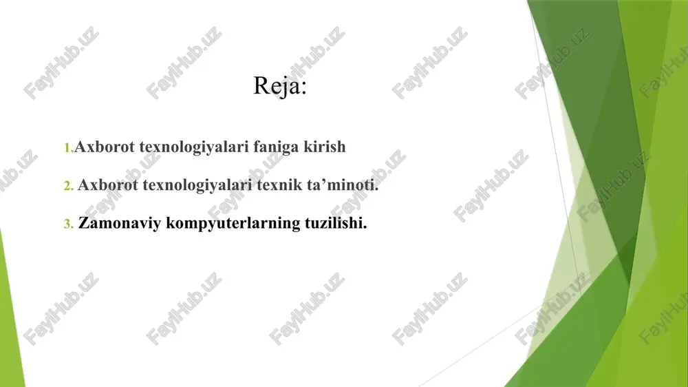 hundan iboratki, buyruqlar ketma-ketligidan tashkil topgan dastur avval kompyuter xotirasiga yoziladi. so’ng kompyuter bu dasturda keltirilgan buyruqlarni avtomatik ravishda bajarishga kirishadi. dastur – bu oldindan belgilangan ma’lum bir tartibda bajariladigan arifmetik, mantiqiy va boshqa turdagi amallarning chekli ketma-ketligidir. kompyuter dasturchi tomonidan ishlab chiqilgan va kompyuter xotirasiga kiritilgan dastur asosida ma’lumotlarni qayta ishlaydi. zamonaviy kompyuterlarning tuzilishi. shahsiy kompyuterning asosiy qurilmalariga quyidagilar kiradi: • sistemali blok; • monitor; • klaviatura; • sichqoncha; • va dinamikalardan iborat. 2 - rasm 3 - rasm zamonaviy kompyuter o‘zaro bog‘langan - protsessorlar, tezkor xotira modullari va ma’lumotlarni kiritish-chiqarish qurilmalaridan iborat bo‘lishi mumkin rasmlarda bitta markaziy protsessorga ega bo‘lgan kompyuterning tuzilish ushbu chizmani, kompyuterda uncha ko‘p bo‘lmagan ish tajribasiga ega foydalanuvchilar ham qaysidir darajada tushuntirib bera oladilar. ammo zamonaviy kompyuterning ichki tuzilishi, uning qanday ishlashi, uning qanday dasturlanishi va umuman uning qanday tashkil qilinganligiga, ya’ni kompyuterning arxitekturasiga taaluqli bo‘lgan tushunchalarni, shu sohaning mutaxassisi sifatida mukammal tushunish, hamda …