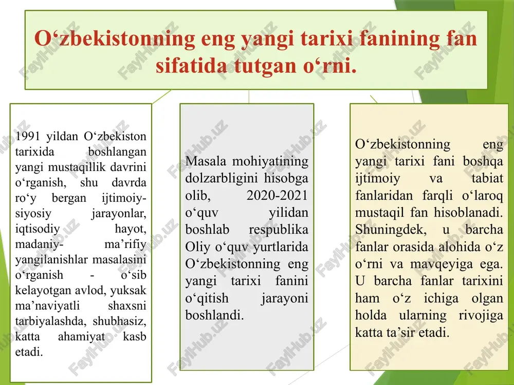 o‘z ichiga olgan ikkinchi bosqich, demokratik o‘zgarishlar, iqtisodiyotni barqaror rivojlantirish, ijtimoiy-siyosiy hayot sohalarini izchil isloh qilishni ta’minlash davri bo‘ldi. o‘zbekiston tarixining yettinchi davri “o‘zbekistonning eng yangi tarixi” deb atalib, ushbu davr ham o‘z ichida bir necha bosqichlardan iboratdir. uchinchi bosqich esa 2010-yildan 2017-yilgacha bo‘lgan davr hisoblanib, bunda davlat hokimiyati va boshqaruvini demokratlashtirish, fuqarolik institutlarini rivojlantirish, bozor islohotlarini va iqtisodiyotni liberallashtirish -cuqurlashtirish davri bo‘lib qoldi. o‘zbekistonning eng yangi tarixida yuqoridagi bosqichlarga qo‘shimcha ravishda 2017-yildan keyingi davrni ham alohida jarayon sifatida qabul qilish lozim. mazkur davr tarixi 2016-yil dekabr oyida saylangan o‘zbekiston prezidenti sh.m.mirziyoyevning strategik taraqqiyotga asoslangan keng ko‘lamli jadal islohotlar davri boshlangani bilan izohlash mumkin. tarix — arabcha so‘z bo‘lib, «o'tmish», «o'tgan voqealar haqida aniq hikoya qilish» ma’nolarini anglatadi. moddiy manbalar yozma manbalar tarix moddiy manbalar mehnat qurollari tanga pullar uy-joylar, qabrlar harbiy qurollar qal’a, shaharlar yozma manbalar yozuv belgilari xalq hayoti, turli hodisalar haqidagi kitoblar farmonlar toshga, teriga, qog'ozga yozilgan …