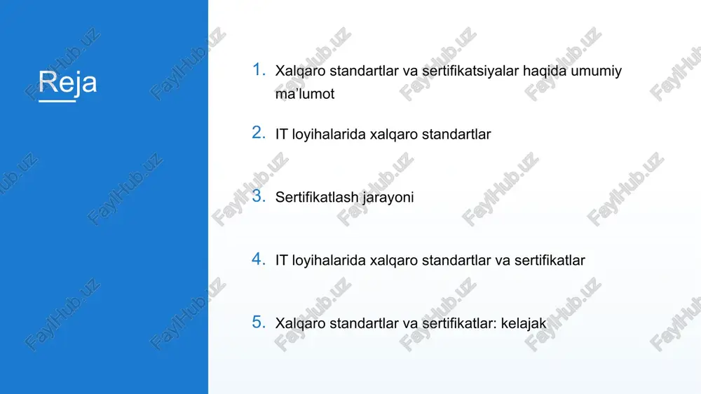 anishni ta'minlaydi. mijozlar ishonchini oshiradi ish jarayonlarini optimallashtirish ko'plab sohalarda sertifikatlar qonuniy talablardan biridir. sertifikatlar orqali qonuniy talablar bajariladi. huquqiy masalalarda muammolarni kamaytiradi. qonuniy talablarni bajara olish sertifikatlarning ta’siri 02 it loyihalarida xalqaro standartlar standartlar asosida rejalashtirish xalqaro standartlar asosida loyiha rejalashtirish. mezonlar va ko'rsatkichlarni belgilash. loyihaning har bir bosqichida sifat nazorati. resurslarni samarali boshqarish standartlar orqali resurslarni boshqarish. ishchi kuchi va materiallar bilan ishlashni yaxshilash. resurslar sarfini kamaytirish. o'lchov va baholash standartlar yordamida loyiha natijalarini o'lchash. baholash jarayonlarini belgilash. natijalarni o'zaro solishtirish imkoniyati. loyihalarning sifatini oshirish muvofiqlikni tahlil qilish xalqaro standartlarga muvofiqlik tahlili. muvofiqlik bo'yicha hisobotlar tayyorlash. muvofiqlikni ta'minlash choralarini ko'rish. xavfsizlik talablarini belgilash loyihalarda xavfsizlik standartlarini qo'llash. xavfsizlik tahlilini o'tkazish. xavfsizlikni ta'minlash uchun choralar ko'rish. xavf va muammolarni kamaytirish xavf tahlilini amalga oshirish. potensial muammolarni belgilash va hal etish. xavfga qarshi strategiyalar ishlab chiqish. xavfsizlik va muvofiqlik loyihalarda xalqaro standartlarni joriy etish. standartlar asosida ish jarayonlarini qayta ko'rib …