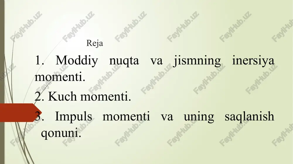 m = 0. bu holda formulamiz quyidagi ko'rinishni oladi. =0 agar o‘zgarmas kattalikning hosilasigina nolga teng bo‘lishini nazarda tutsak =const bu — impuls momentining saqlanish qonunidir. yopiq sistemada impuls momenti saqlanadi, ya’ni vaqt o‘tishi bilan o'zgarmaydi.impuls momentining saqlanish qonuni tabiatning fundamental qonunidir nazorat savollar: aylanma harakatga misollar keltiring. kuch momenti deb nimaga aytiladi? inersiya momenti deb nimaga aytiladi? adabiyotlar. 1. q.p.abduraxmanov, v.s.xamidov, n.a.axmedova. " fizika" darslik. toshkent. 2018 y. (46-57 b) 2.abduraxmanov k.p, egamov u. “fizika” darslik, toshkent, 2010. (27-38 b) link to the video: 1. https://youtu.be/rzci5czj-7c?si=gqia6-9yl3sfanxj 2. https://youtu.be/nbv1157v7cq?si=hyqyqhpirpgq7bgg e’tiboringiz uchun rahmat image1.png image2.gif image3.jpeg image4.jpeg image5.jpeg image6.gif image2.png image3.png image7.gif image8.gif image9.gif image10.gif image11.gif image5.png image6.png image70.png /docprops/thumbnail.jpeg
