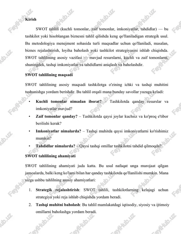 alan, mahoratli oshpazlar va mustahkam mijozlar bazasini — aniqlaydi. shuningdek, kafe egasi o'zining zaif tomonlaridan birini, masalan, joylashuvning noqulayligi sifatida ko'rishi mumkin. blokirovkalashgan imkoniyatlar sifatida mahalliy tadbirkorlik tadbirlari va festivallarni ham baholashi mumkin. nostandart raqobat tahdidi esa boshqa kafelarning oshayotgan mashhurligini aks ettirishi mumkin. yana bir misol, yirik ishlab chiqaruvchilar uchun swot tahlilini olib ko'ramiz. ular ishlab chiqarish jarayonidagi kuchli tomonlarini — masalan, zamonaviy texnologiyalar va kuchli ishchi jamoasi — aniqlagach, marketing va tartibga solishdagi zaif tomonlarni o'rganish bilan tajriba mobilizatsiyaning qanday imkoniyatlari borligini o'rganadilar. tashqi tahdidlar esa malakali ishchilarni jalb qilishda qiyinchiliklarni yuzaga keltirishi mumkin. shunday qilib, swot tahlili menejmentda strategik qarorlar qabul qilishning muhim vositasi hisoblanadi. bu usul nafaqat tahlil qilishda, balki o'zgarishlarni amalga oshirishda ham yechim beradi. swot tahlilining asosiy tushunchalari swot tahlili — tashkilotning ichki va tashqi muhitini yagona qarash asosida o‘rganish uchun yaratilgan strategik vositalardan biridir. bu metodologiya menejment va biznes strategiyalarini belgilashda keng qo‘llaniladi. …
