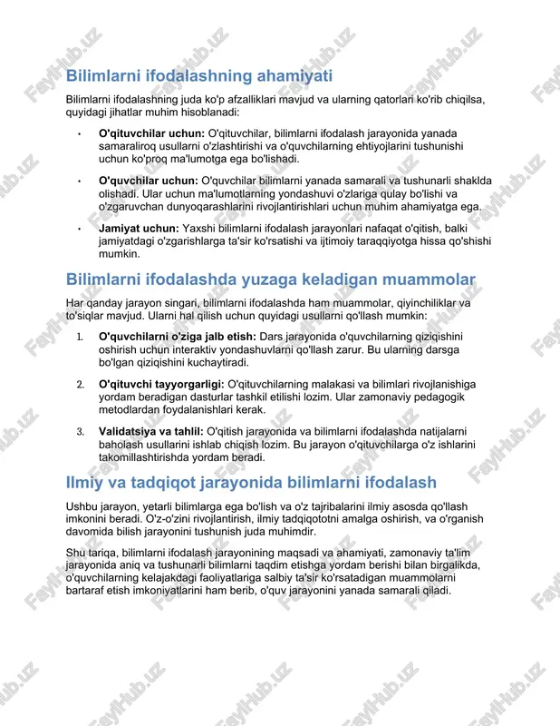lish va amaliyotlaridan kelib chiqib yangi strategiyalarni ishlab chiqishi kerak. bilimlarni ifodalashning ahamiyati bilimlarni ifodalashning juda ko'p afzalliklari mavjud va ularning qatorlari ko'rib chiqilsa, quyidagi jihatlar muhim hisoblanadi: · o'qituvchilar uchun: o'qituvchilar, bilimlarni ifodalash jarayonida yanada samaraliroq usullarni o'zlashtirishi va o'quvchilarning ehtiyojlarini tushunishi uchun ko'proq ma'lumotga ega bo'lishadi. · o'quvchilar uchun: o'quvchilar bilimlarni yanada samarali va tushunarli shaklda olishadi. ular uchun ma'lumotlarning yondashuvi o'zlariga qulay bo'lishi va o'zgaruvchan dunyoqarashlarini rivojlantirishlari uchun muhim ahamiyatga ega. · jamiyat uchun: yaxshi bilimlarni ifodalash jarayonlari nafaqat o'qitish, balki jamiyatdagi o'zgarishlarga ta'sir ko'rsatishi va ijtimoiy taraqqiyotga hissa qo'shishi mumkin. bilimlarni ifodalashda yuzaga keladigan muammolar har qanday jarayon singari, bilimlarni ifodalashda ham muammolar, qiyinchiliklar va to'siqlar mavjud. ularni hal qilish uchun quyidagi usullarni qo'llash mumkin: 1. o'quvchilarni o'ziga jalb etish: dars jarayonida o'quvchilarning qiziqishini oshirish uchun interaktiv yondashuvlarni qo'llash zarur. bu ularning darsga bo'lgan qiziqishini kuchaytiradi. 1. o'qituvchi tayyorgarligi: o'qituvchilarning malakasi va bilimlari rivojlanishiga yordam beradigan …